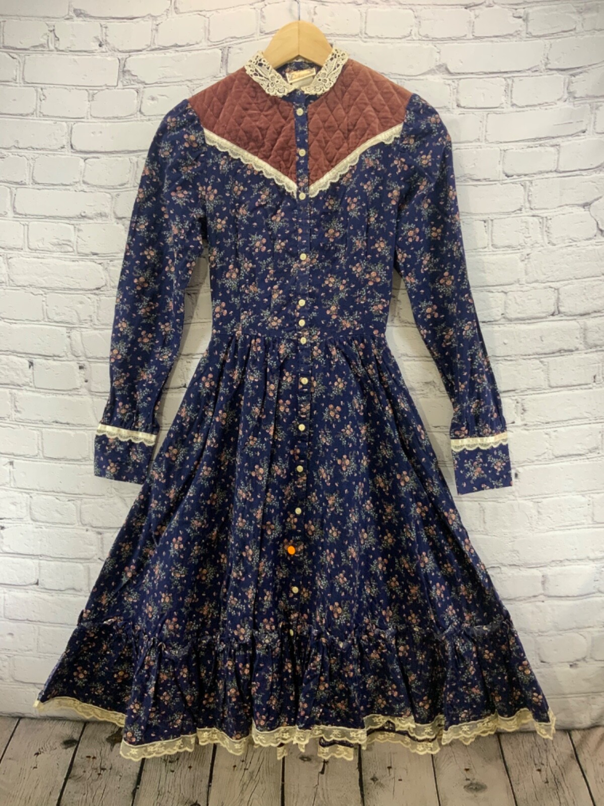 Gunne Sax Dress Vtg 70’s Prairie Cottagecore Blue Floral Romantic Lace XS Jr 5