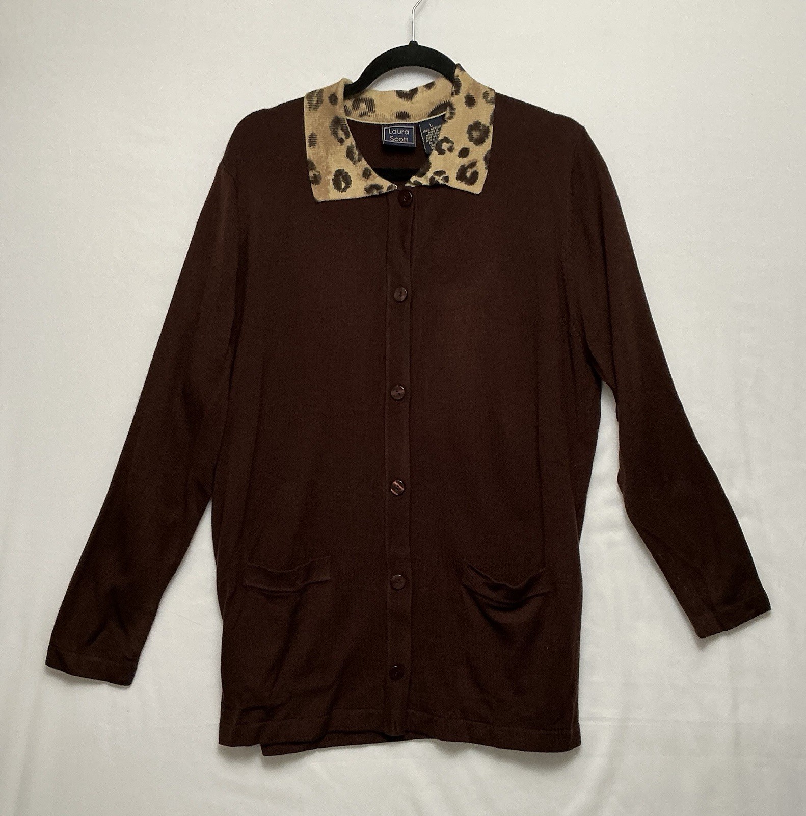 Y2K Sweater Cardigan Women’s Large NWT Brown Leopard Collar Rare Long