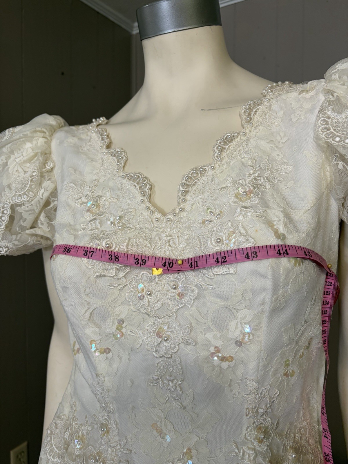 1990’s Puff Sleeve Lace Midi Wedding Dress Cottage Core Sz 12