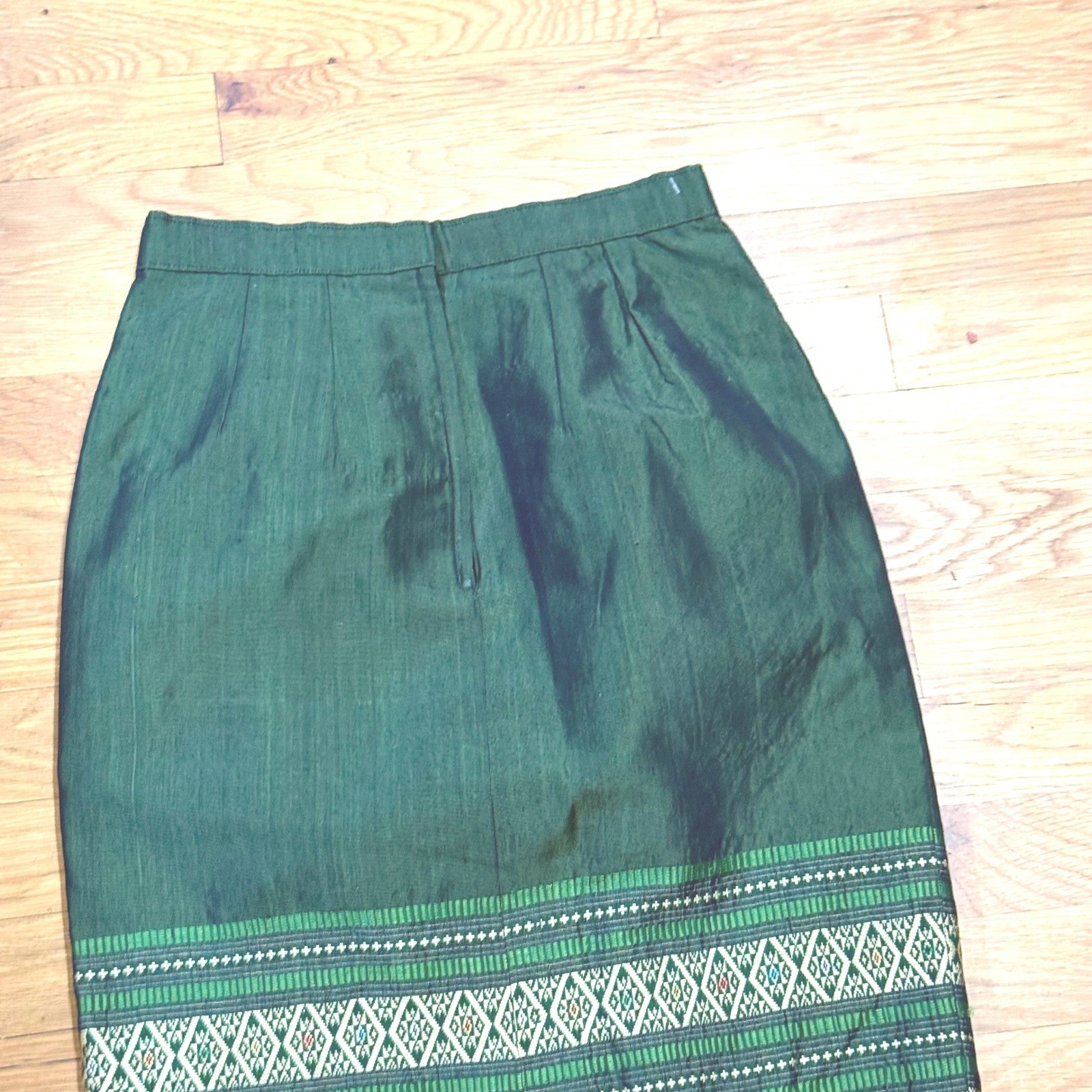 Vintage Thai Silk Forest Green Geometric Border Print Midi Skirt Tailored Zip