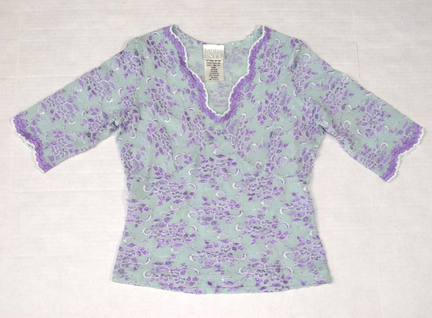 Vintage Top Moda International Size M 80s Mint Green Lavender Lace Made USA