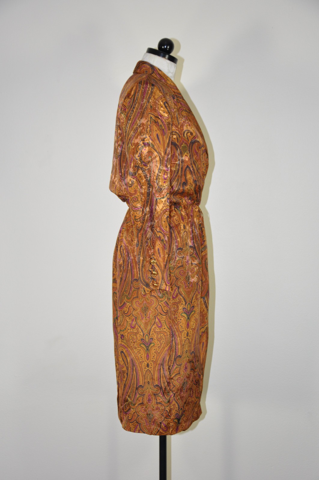 80s Vintage Spice Brown Silky Charmeuse Paisley Strong Shoulder Dress Women S M