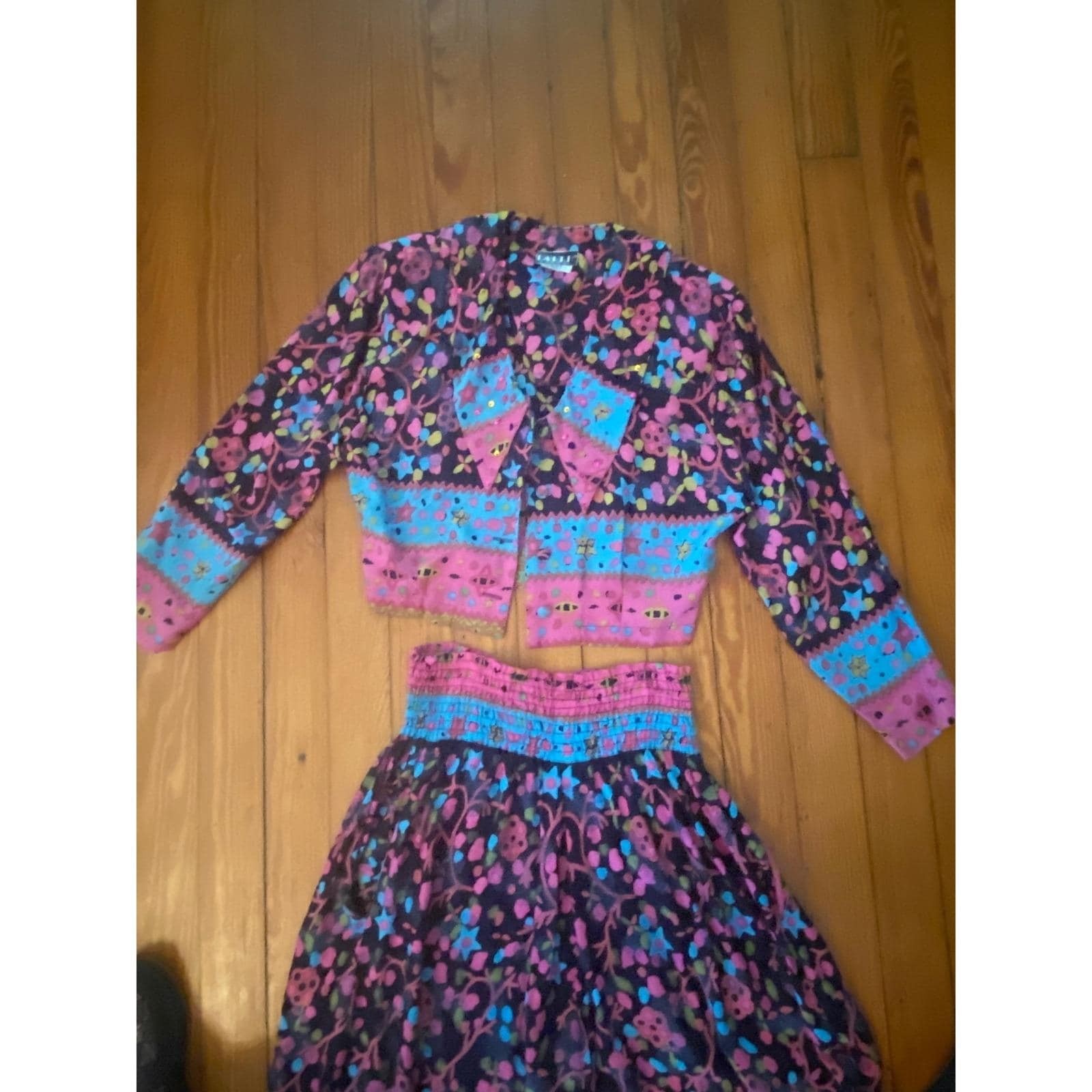 Vtg 80’s Faith 2 Piece Small Floral Sequin Crop Jacket Wide Leg Pants new wave