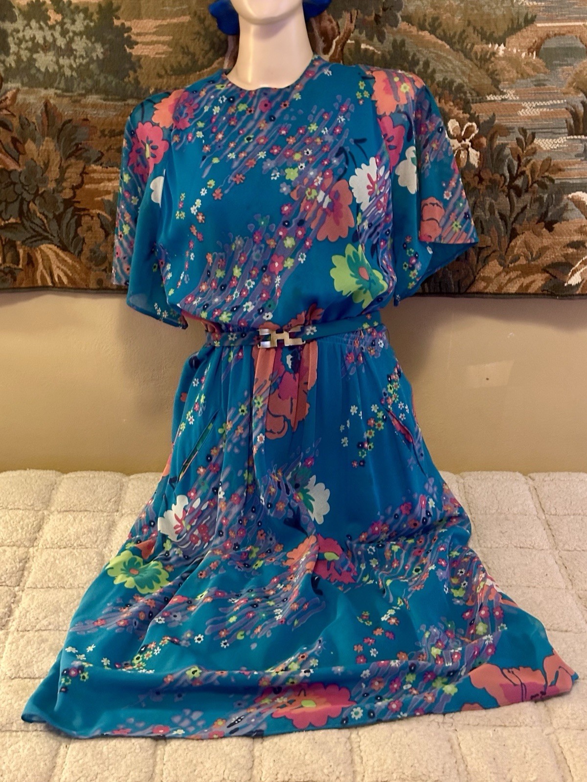 Vintage 70s Pauline Trigere Dress Flowing Flowers 36 Bust 28 Waist Layered