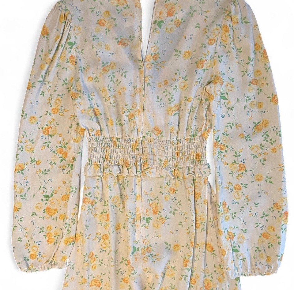 Vintage 60s 70s Floral Midi Cottagecore Dress Cream Yellow XS