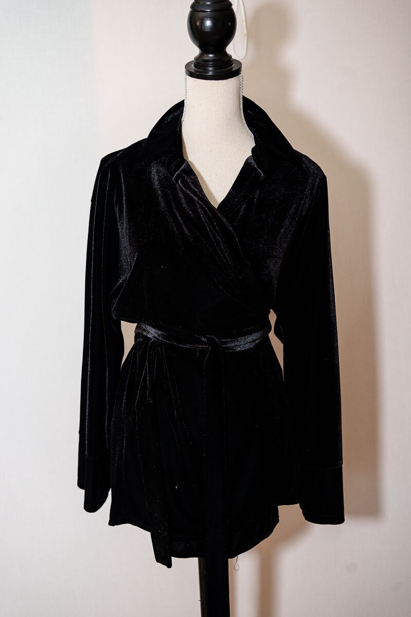 VTG Harve Bernard womens 8 black velvet wrap tunic blouse mini dress witchy goth