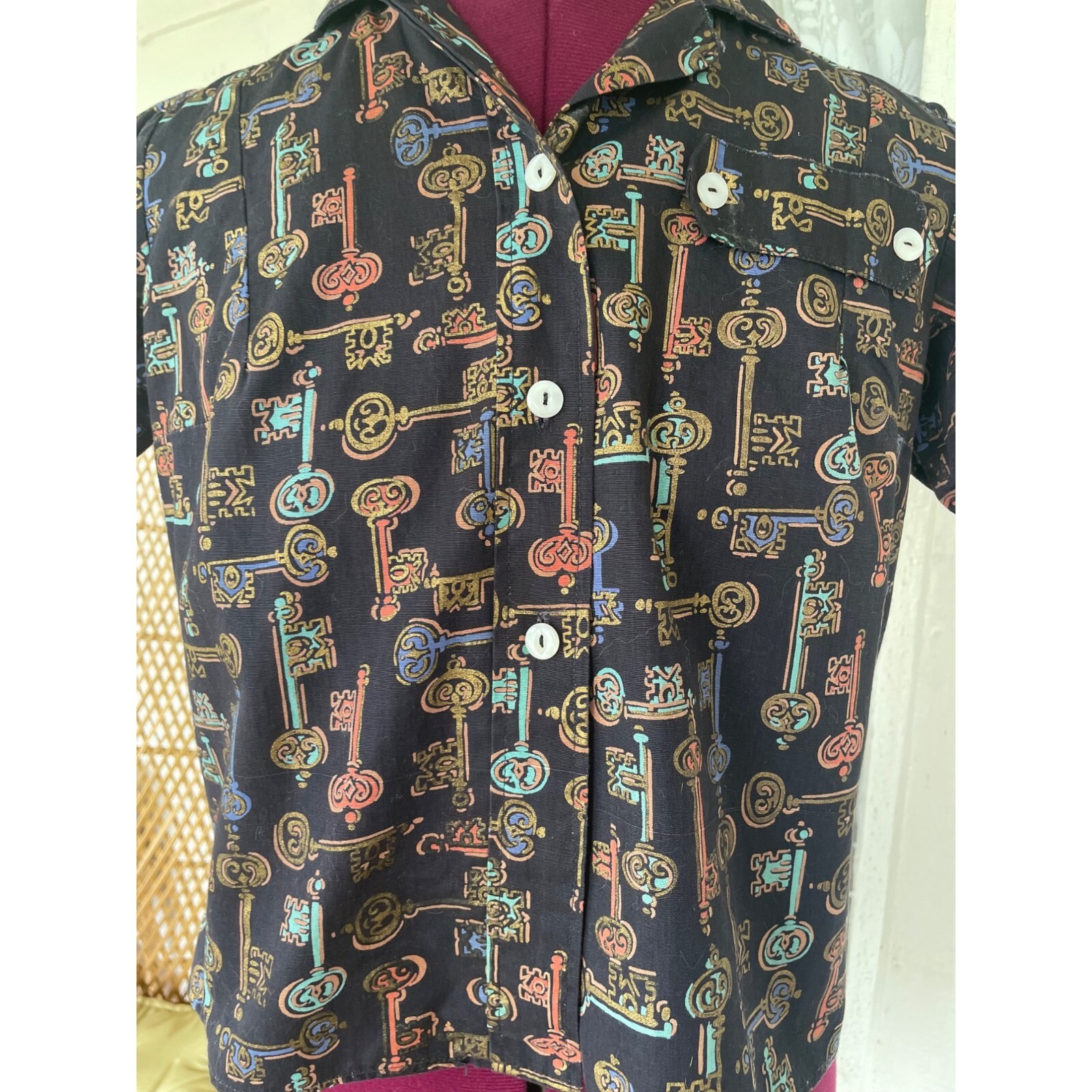 Vintage 1960s Skeleton Key Print Blouse With Puff Sleeves Black Grosgrain Size S