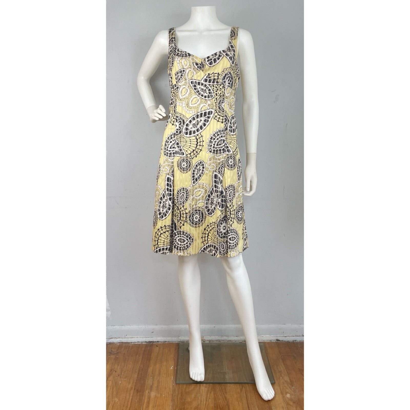 Vintage Alberto Makali Dress Yellow Brown Abstract Cotton Lined Size Medium