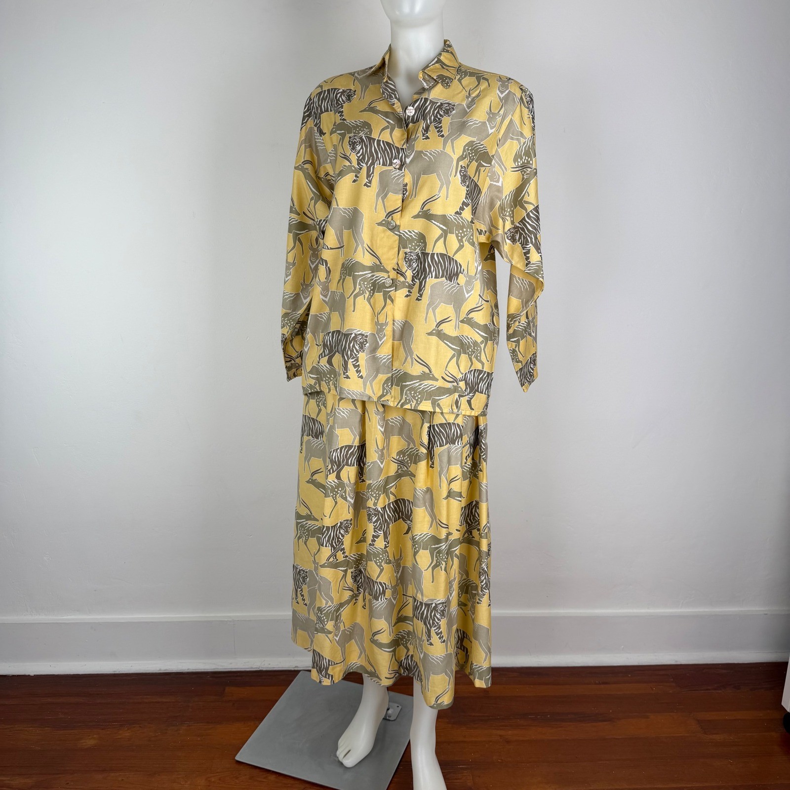 Vintage 80s Lorch Safari Print Top Skirt Set Yellow Cotton Animal Print Belted