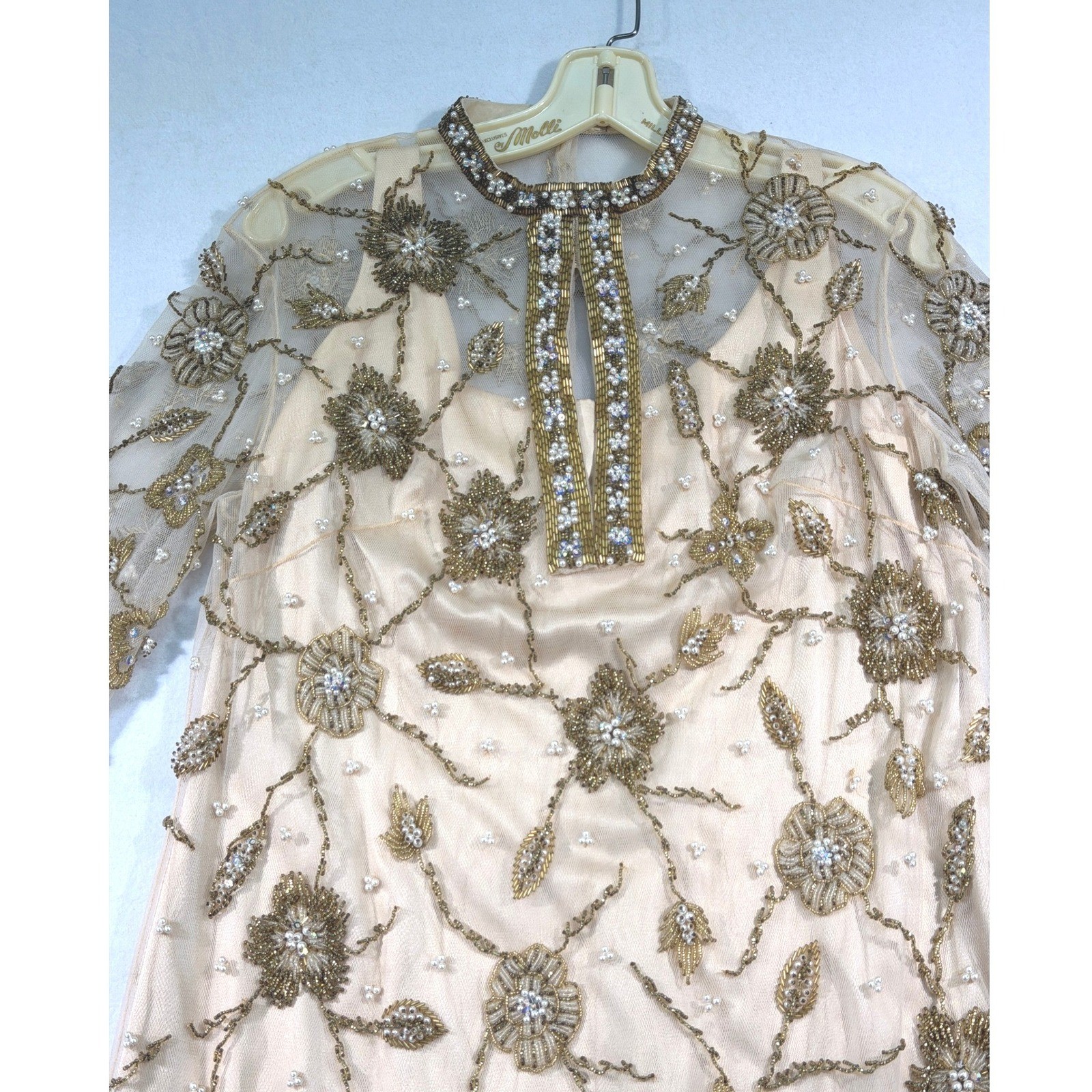 Handmade Vintage Palm Beach Gold Silk Beaded Dress 14 M / L Long Sleeve