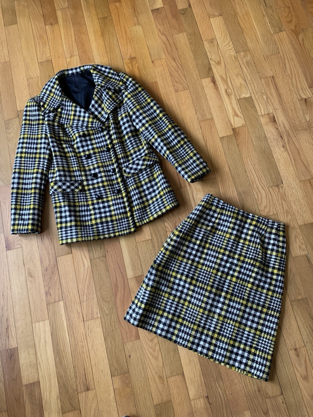 VTG 1960s Plaid Wool 2 Piece Suit Skirt Jacket Set Junior House XXS XS Mod