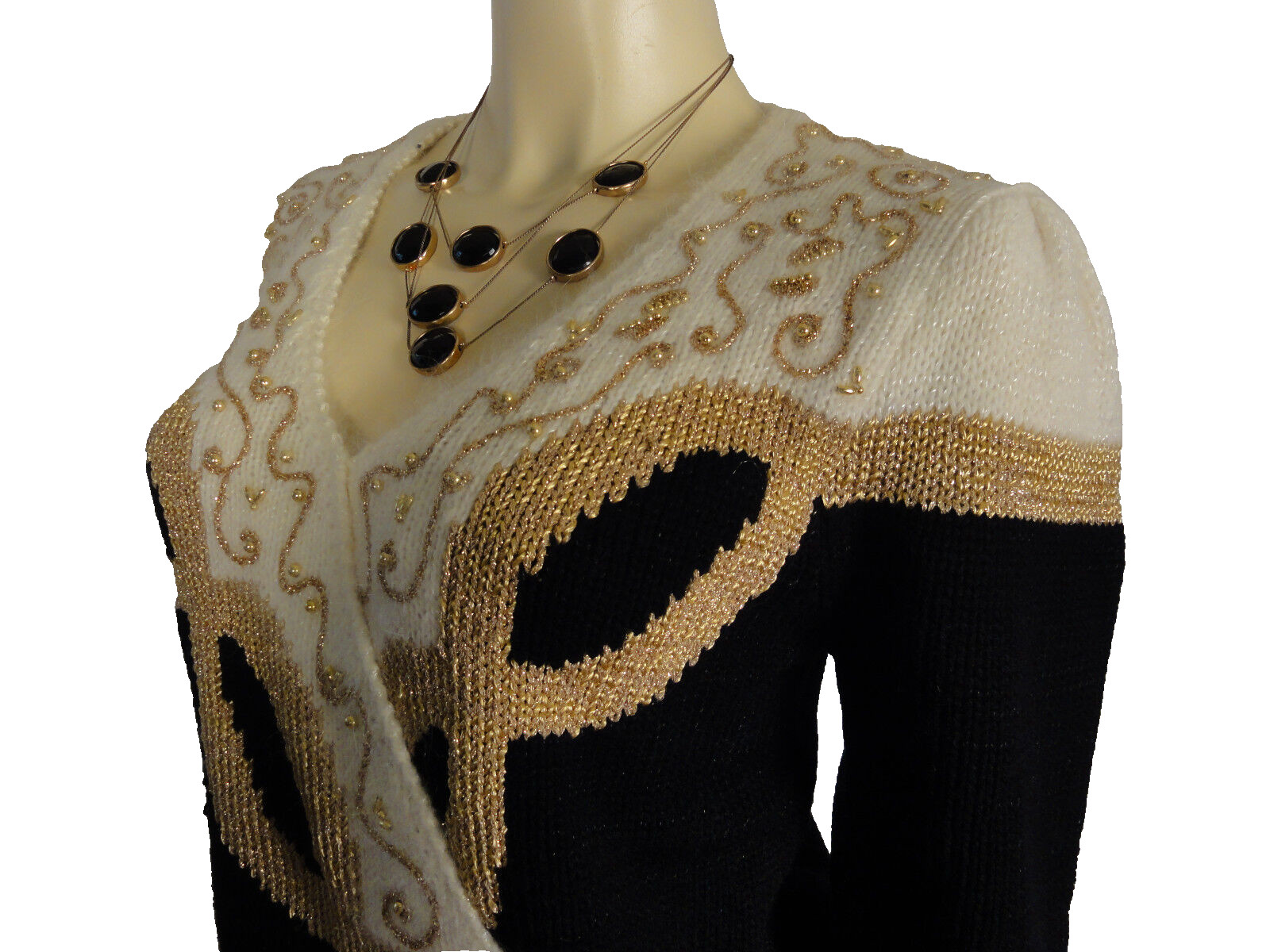 DANA SCOTT Vintage black, gold and white sweater with gold beading size Medium
