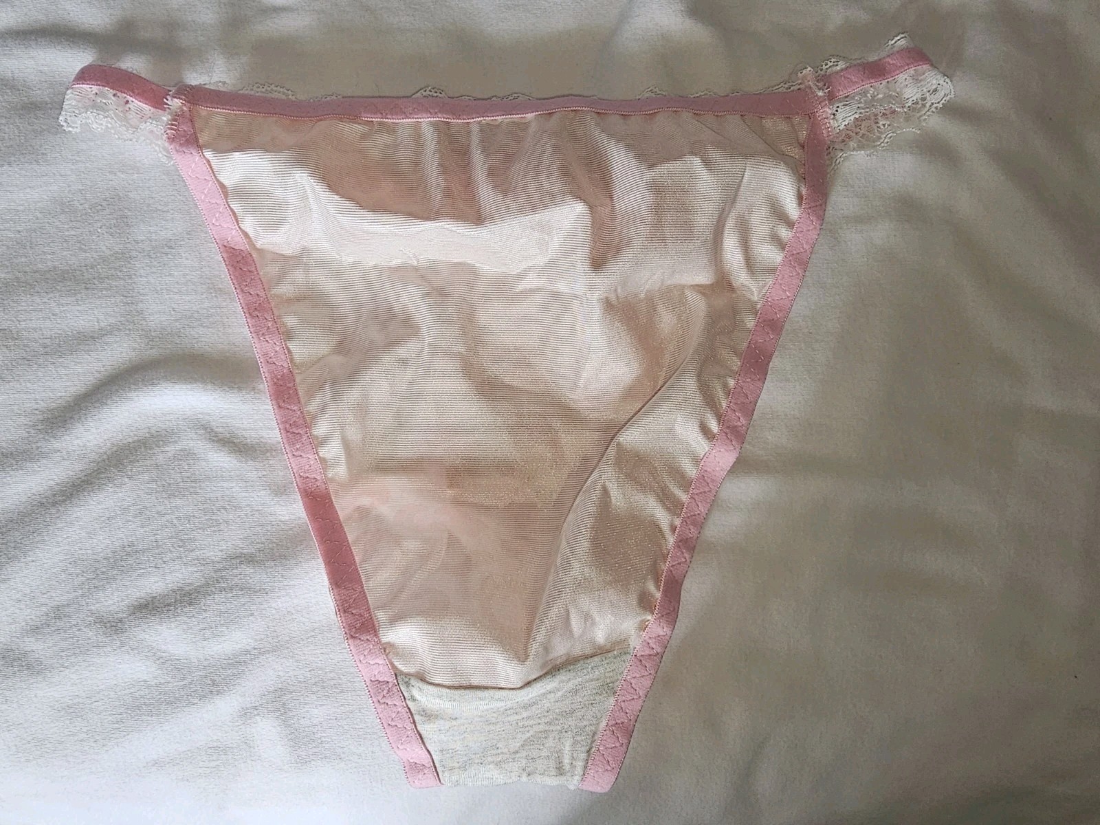 Vintage Girly Glossy Satin String Bikini Light Pink Panties. Size Large