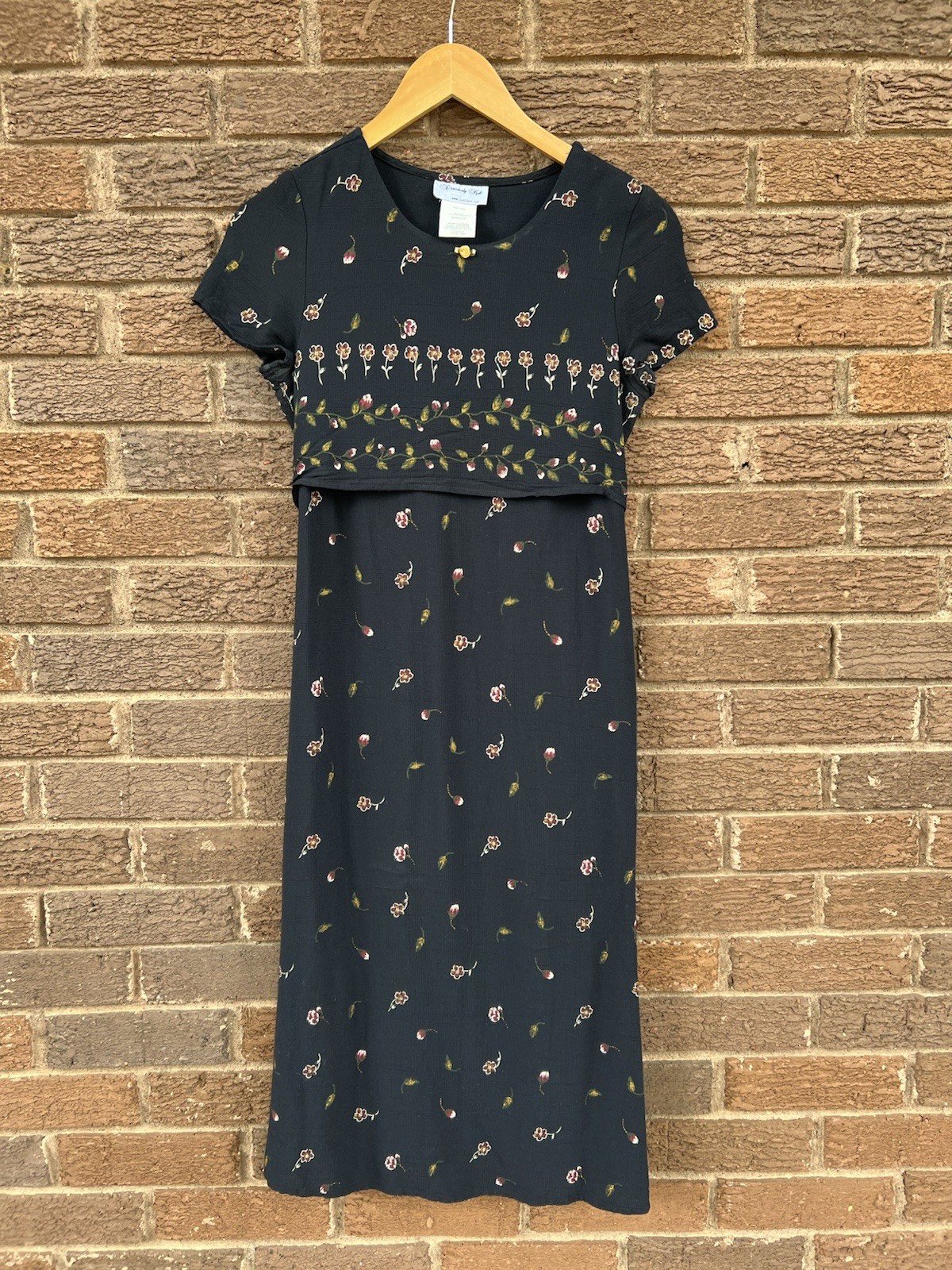 Vintage 90s Grunge Black Floral Midi Dress Size Xsmall USA Made Whimsigoth Goth