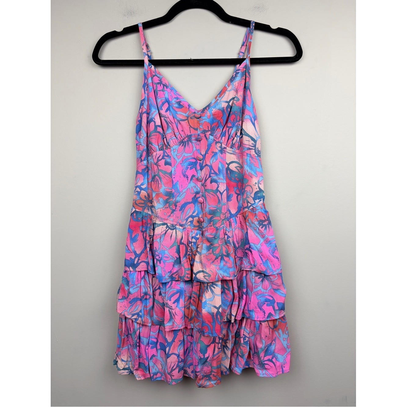 NWT Wild Fable Floral Tiered Mini Dress XXS Pink Blue Button Front Boho