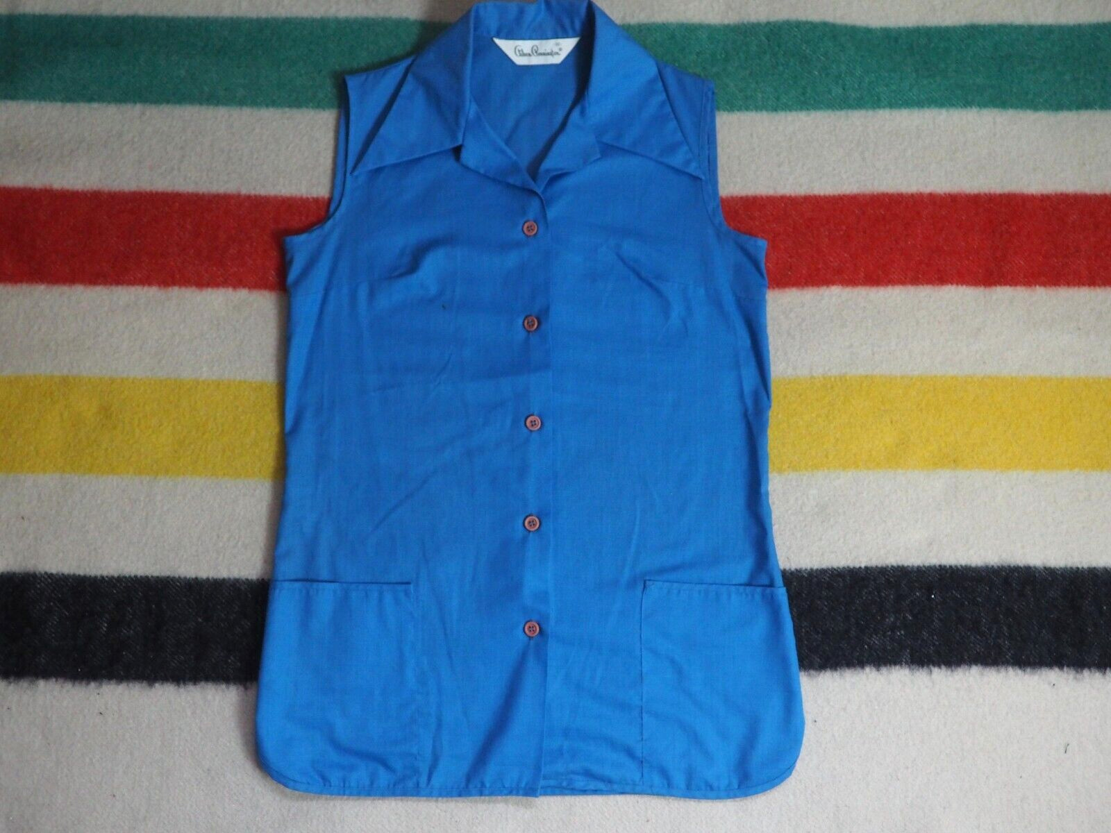VTG 70s Aileen Pennington Hippy Boho Pocket Summer Blue Button Shirt Womens M