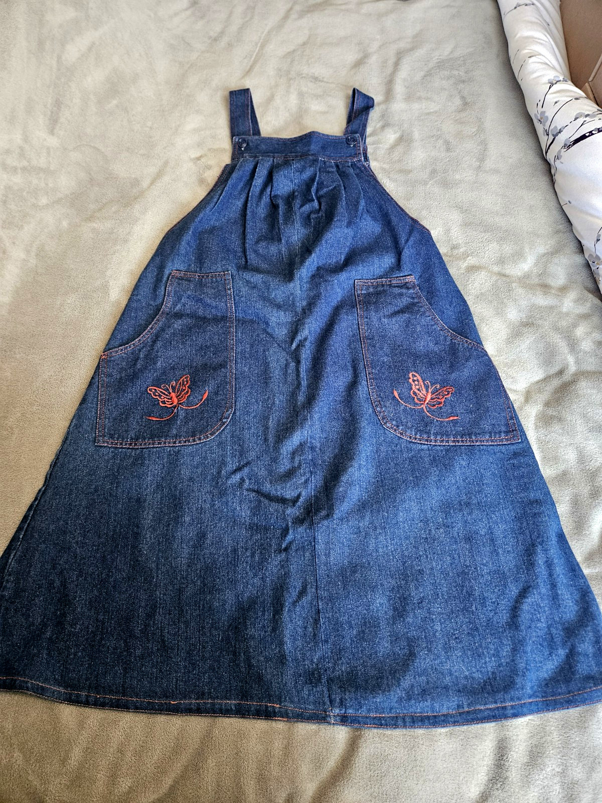 JONI BLAIR of Cali Denim Jumper Dress Size 7 Embroidered Pockets Red Butterflies