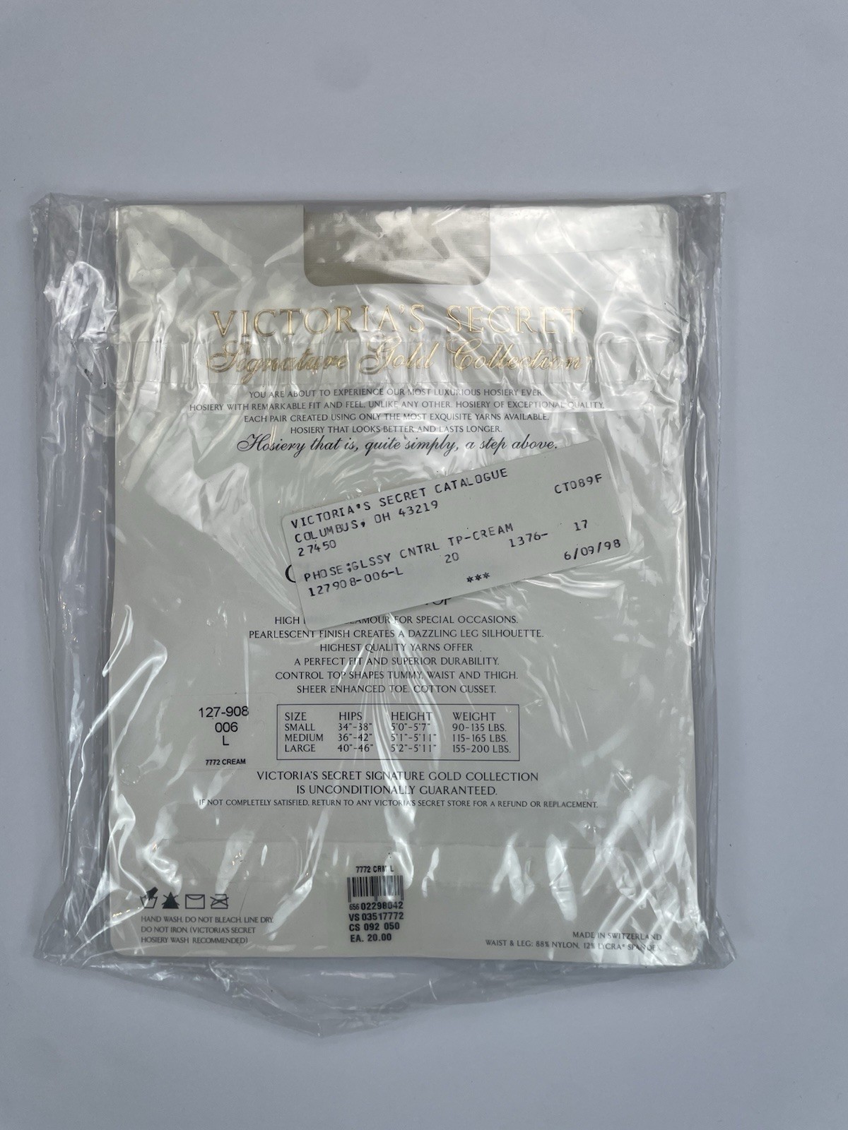 VTG New Victoria Secret Signature Gold GLOSSY SMOOTH CT Pantyhose Cream L NIP