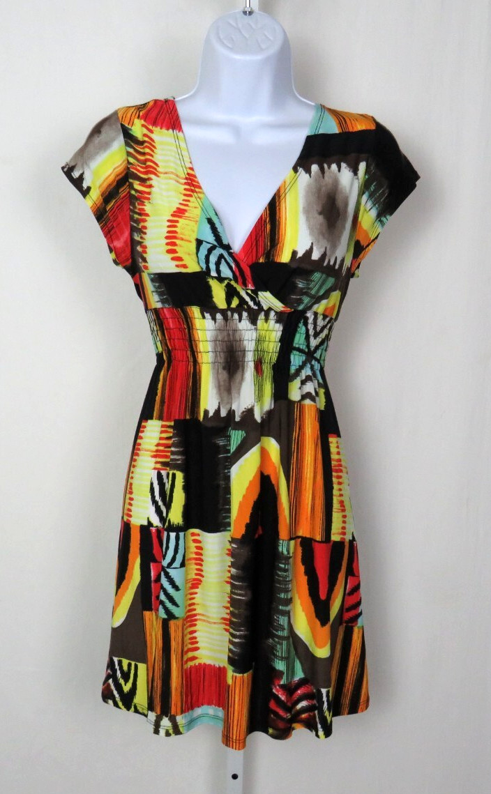 VTG 1990s MOD ABSTRACT COLOR BLOCK STRETCH DRESS OVERLAP BUST 30″ to 36″
