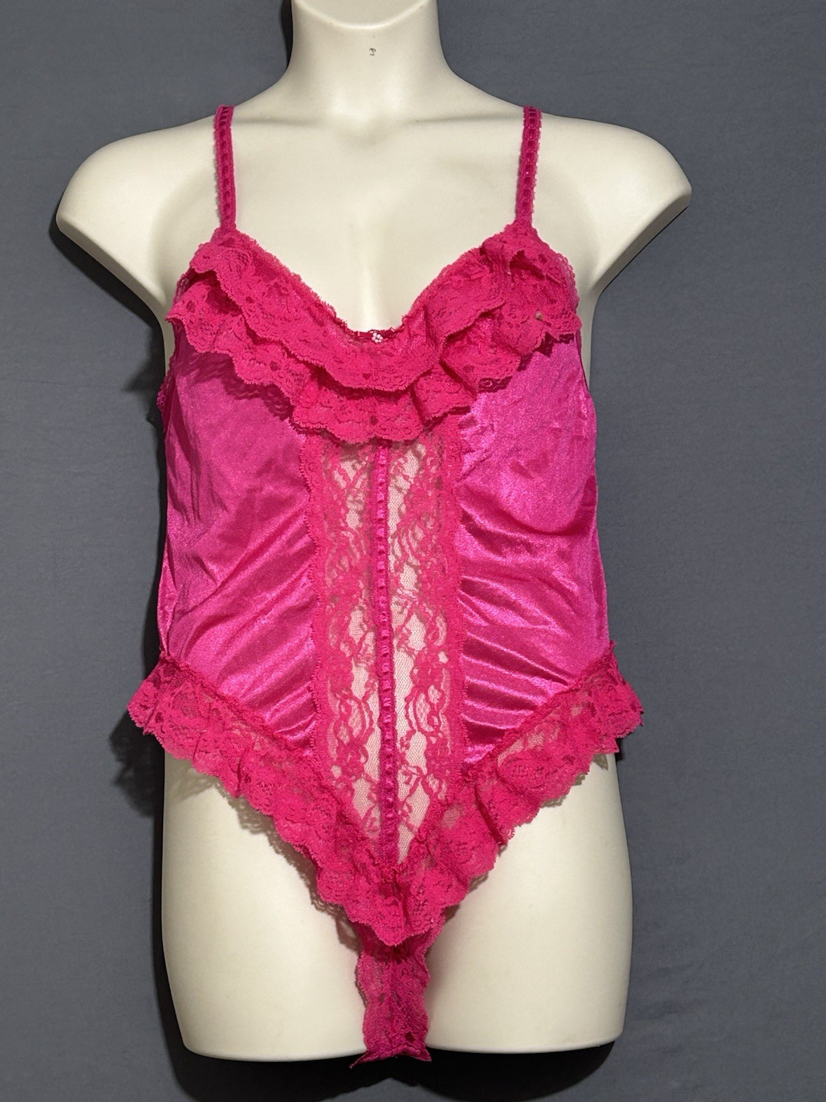 Vintage Lingerie Bodysuit Sz Large Pink Silky Nylon & Lace Coquette Barbie