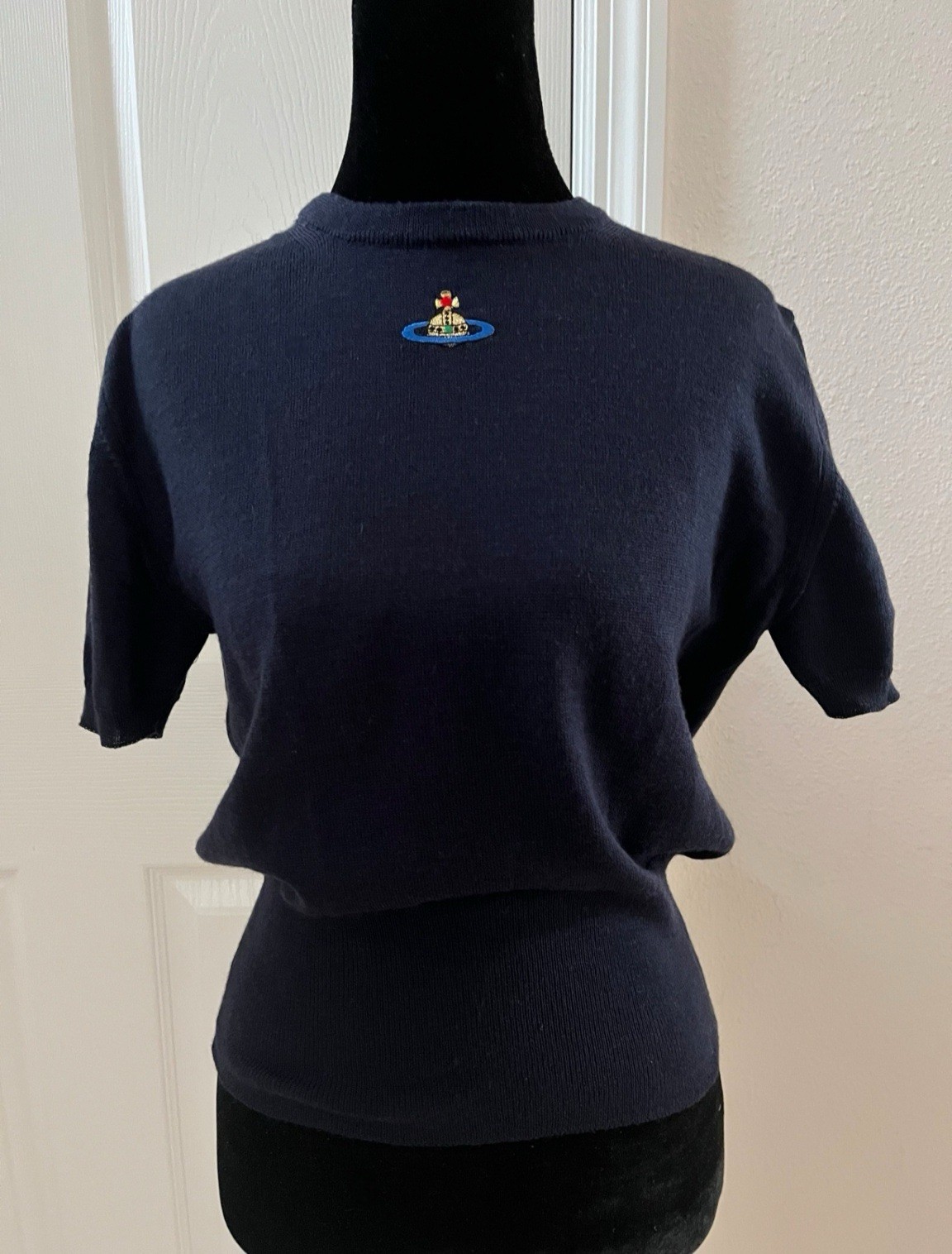 Vintage Vivienne Westwood Dark Navy Wool Knitted Sweater, Short Sleeve, Size L