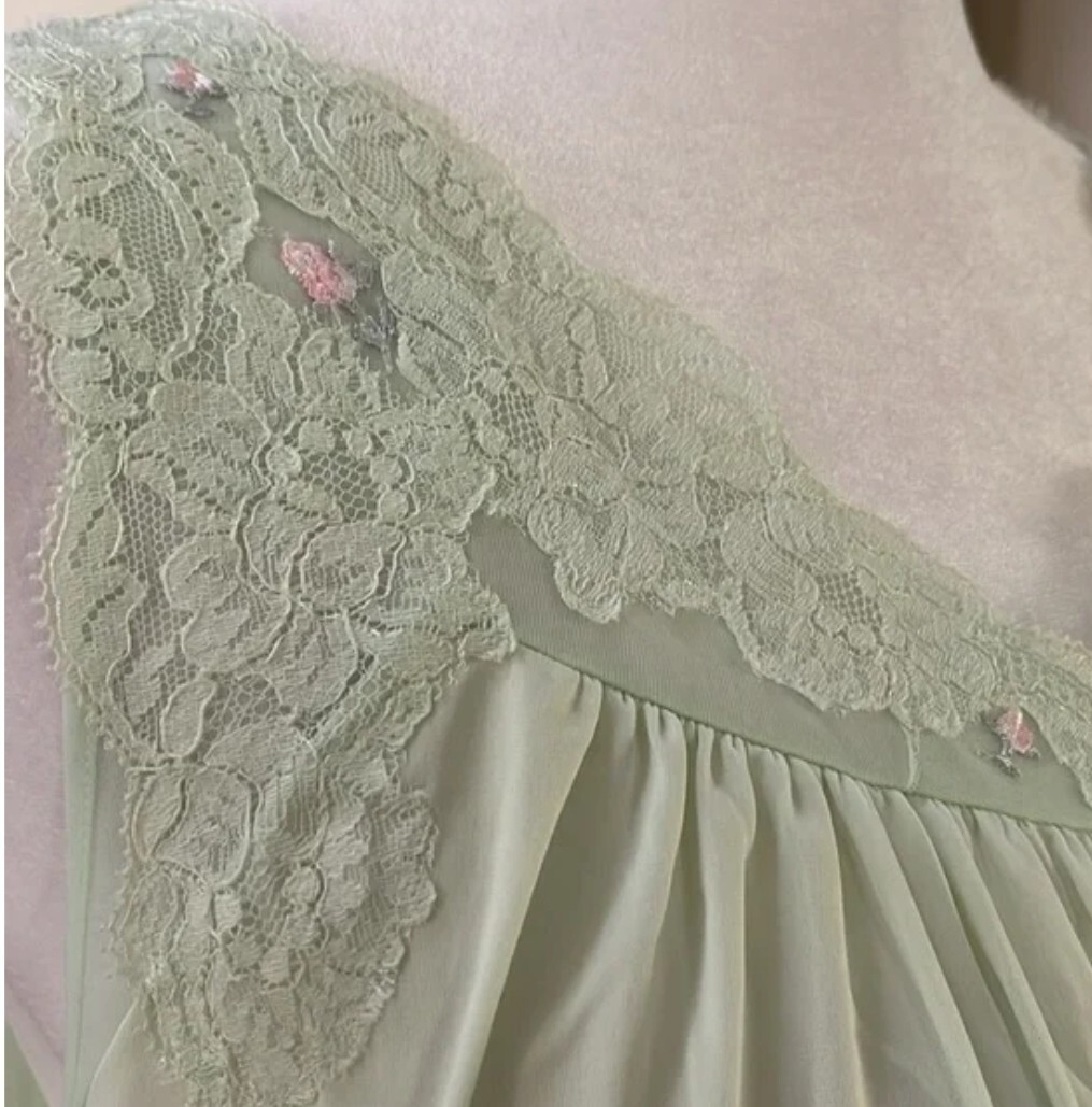 Vtg ShadowLine Pullover Long Nightgown Sz Sm Mint Green Lace Pink Rose Nylon USA