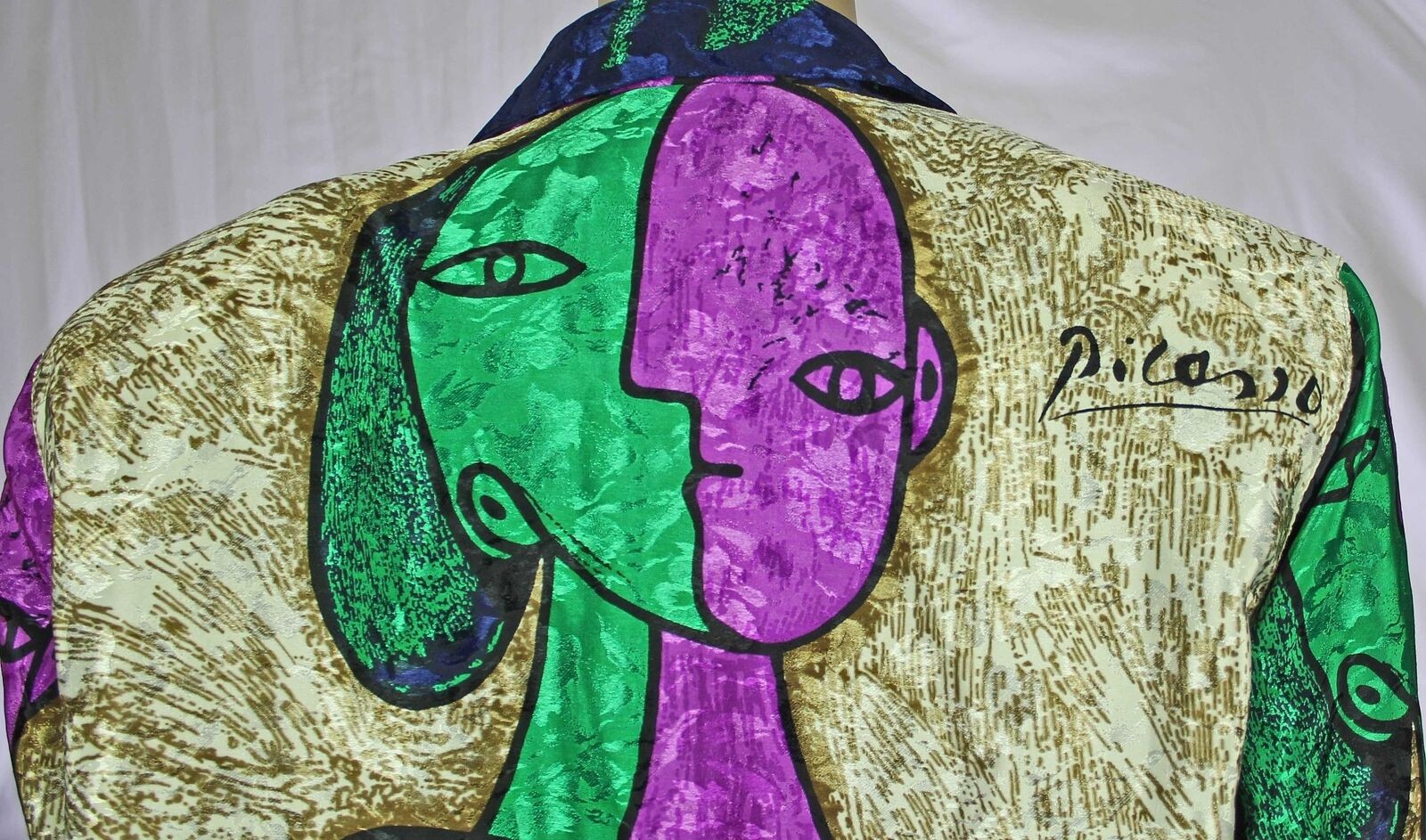 Vintage Satin Blazer Jacket PICASSO Double Face All Over Cubist Print 1980s XL