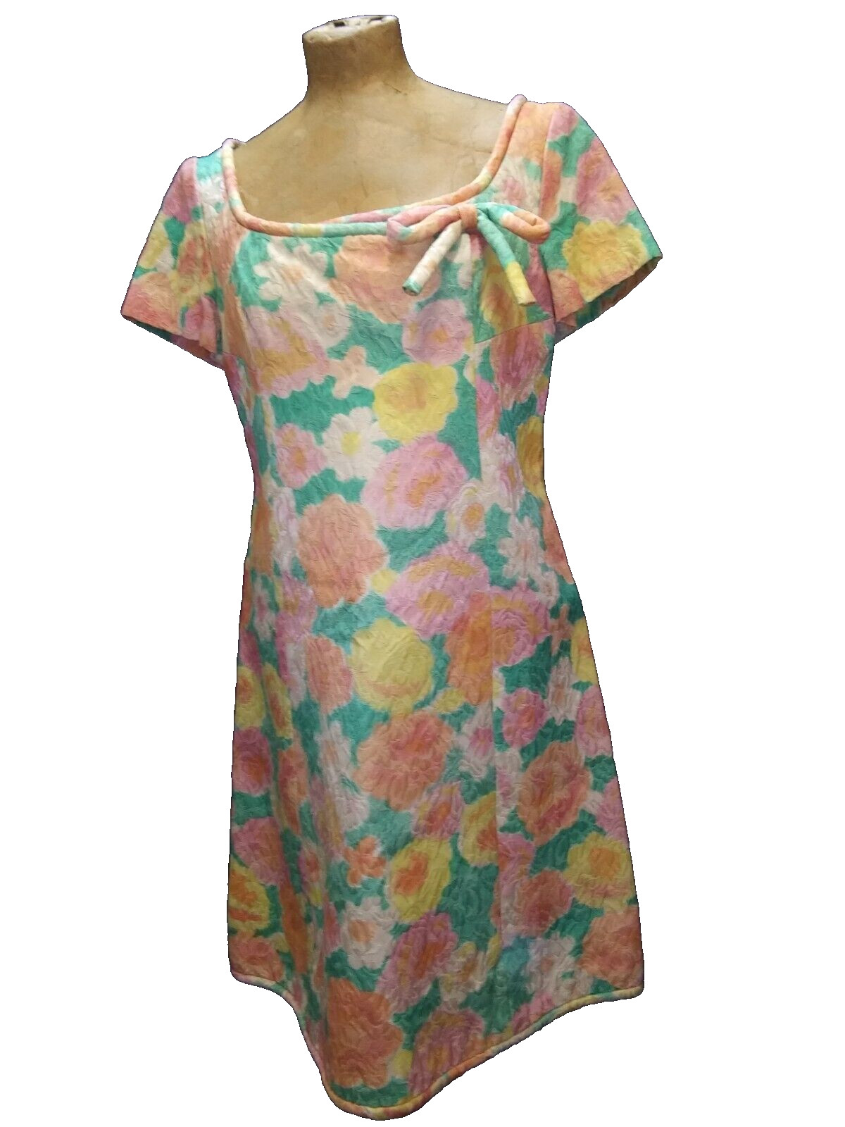 Vintage 1960’s Orange Green Yellow White Brocade Cotton Acetate Dress Size M/L