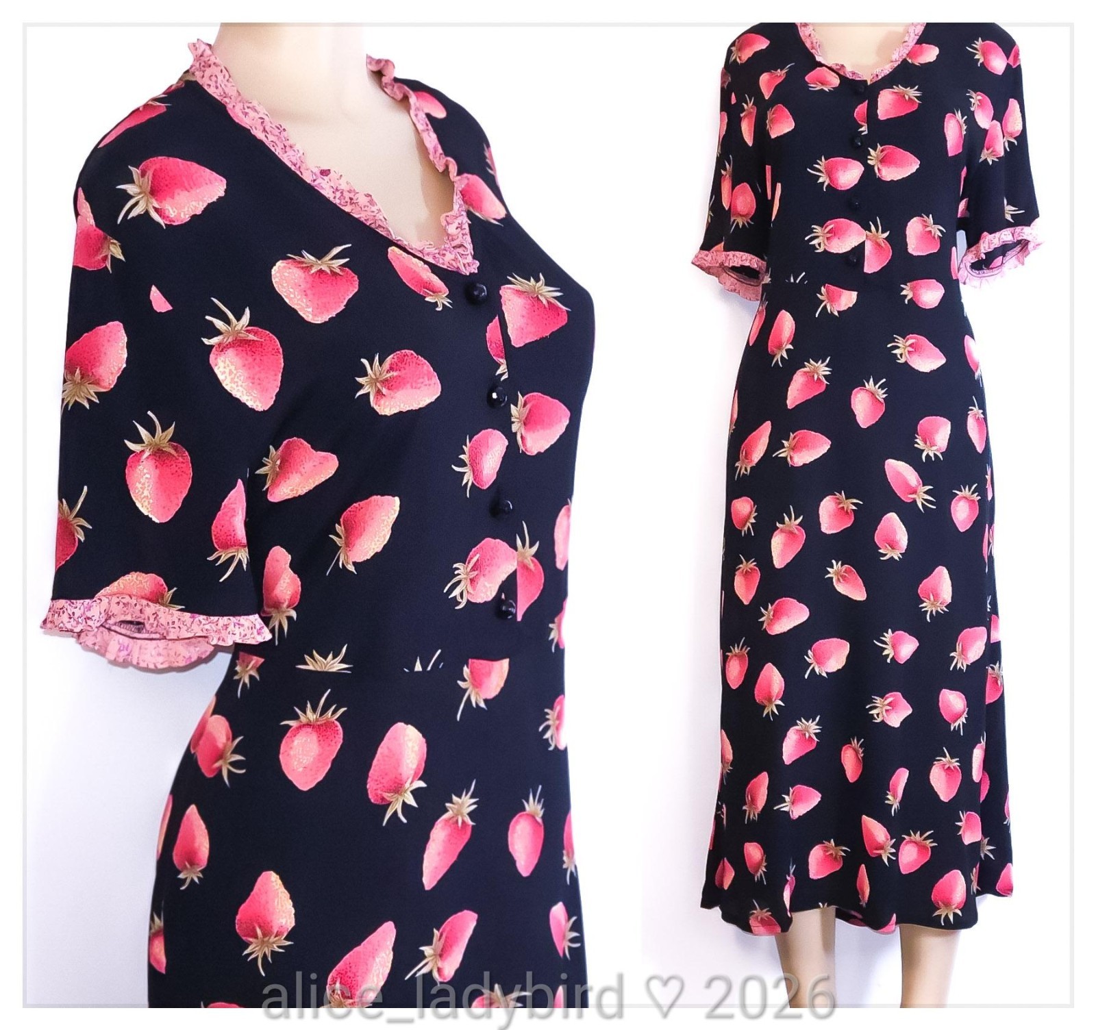 Vintage DRESS Rayon Crepe STRAWBERRIES Novelty Print 30s 40s Style House Day ~L