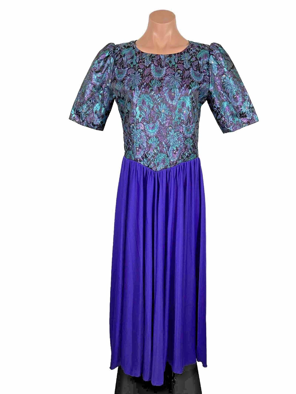 Vintage 80s Prom Dress Gown Puffy Sleeve Shiny Lame Floral Cocktail Evening 10
