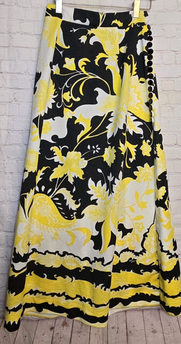 Vtg Bernardo Floral A-Line Yellow Black Side Buttons Maxi Skirt Bold Retro Sz S