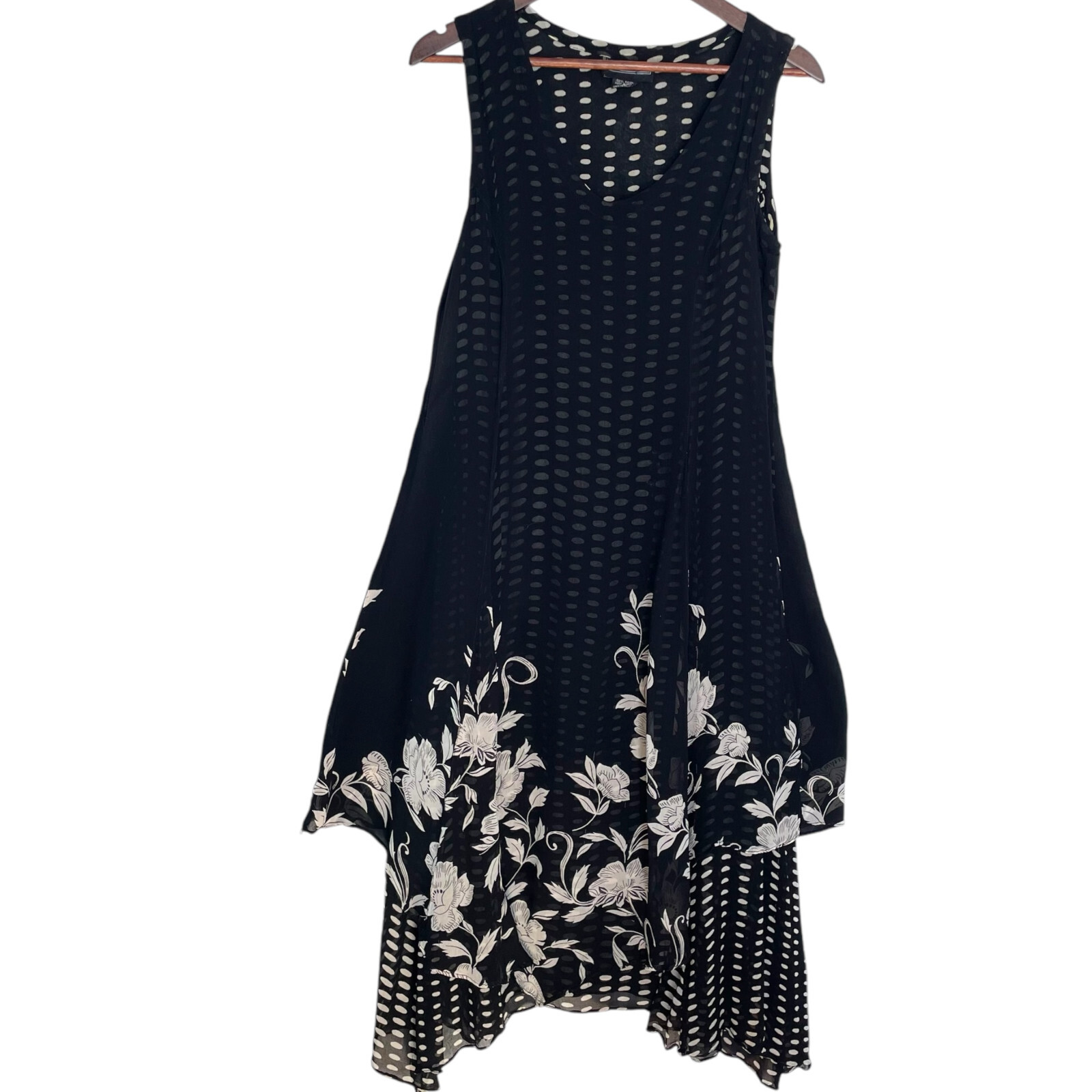 Vtg 90s Starina Midi Dress S Black Mix Print Floral Handkerchief Hem Whimsy Goth