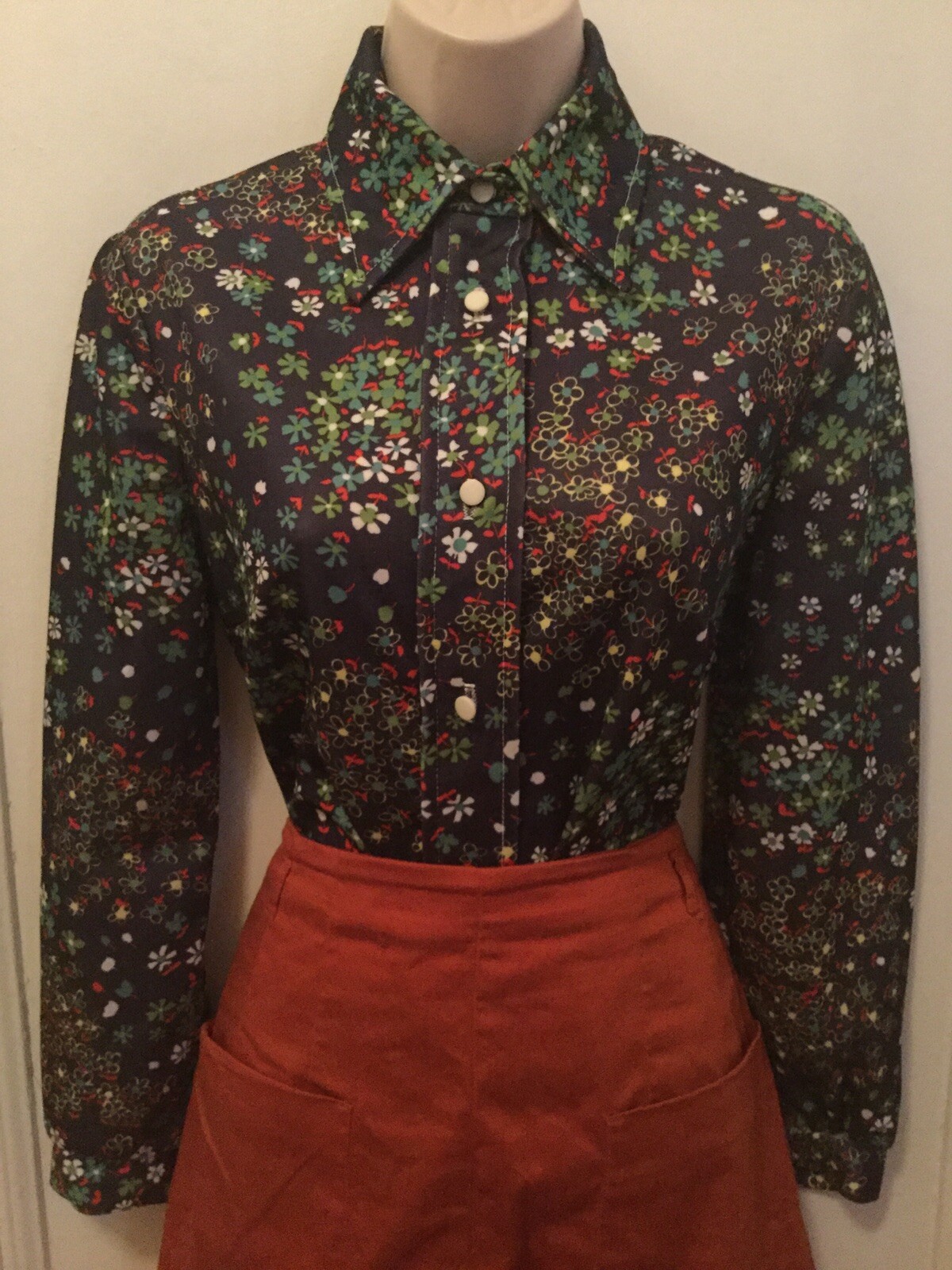 1970s Purple red Green Floral Dolly Bird Lolita Go Go Mod Blouse M