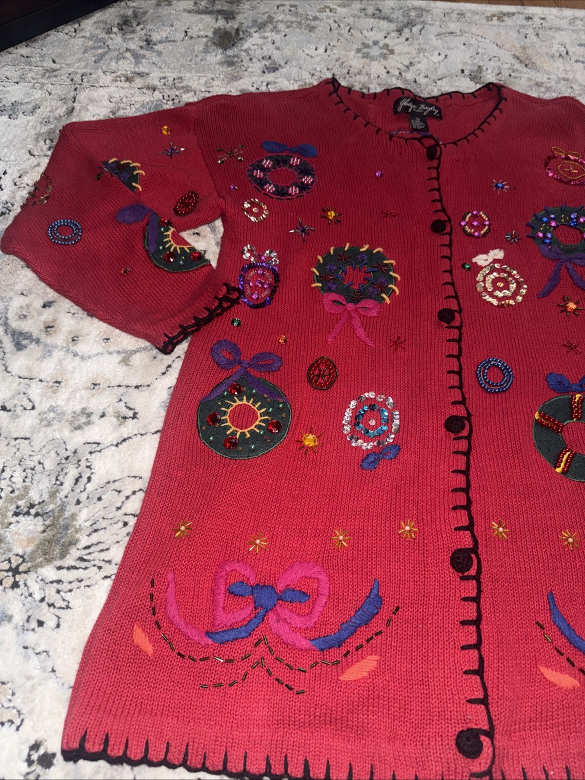 VTG Gladys Bagley Christmas Cardigan Knit SWEATER 1X Beads Rhinestone Embroidery