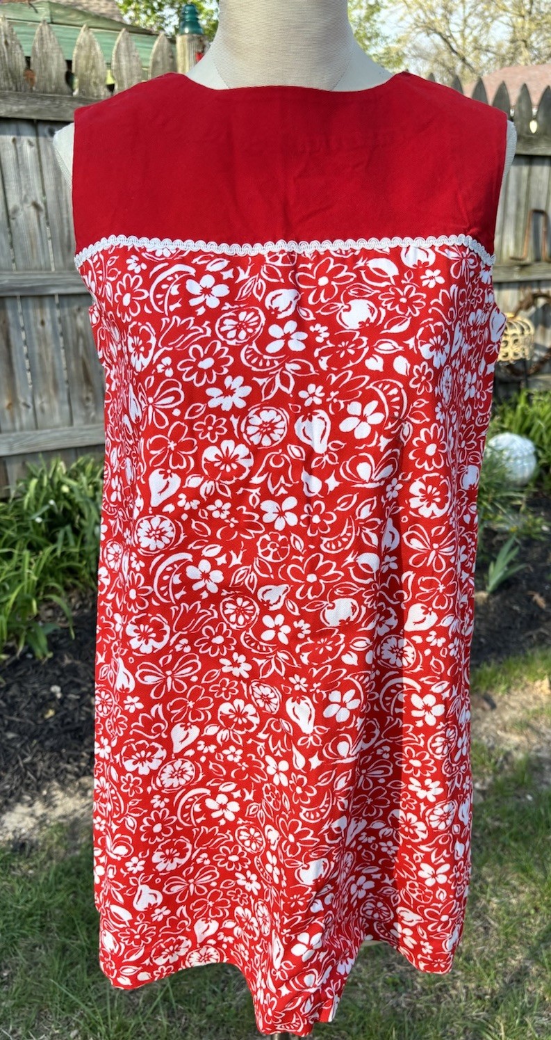 VTG Mod 60s Go Go Red Mini Dress Handmade Size XL 36x42x44″ Floral 30″L