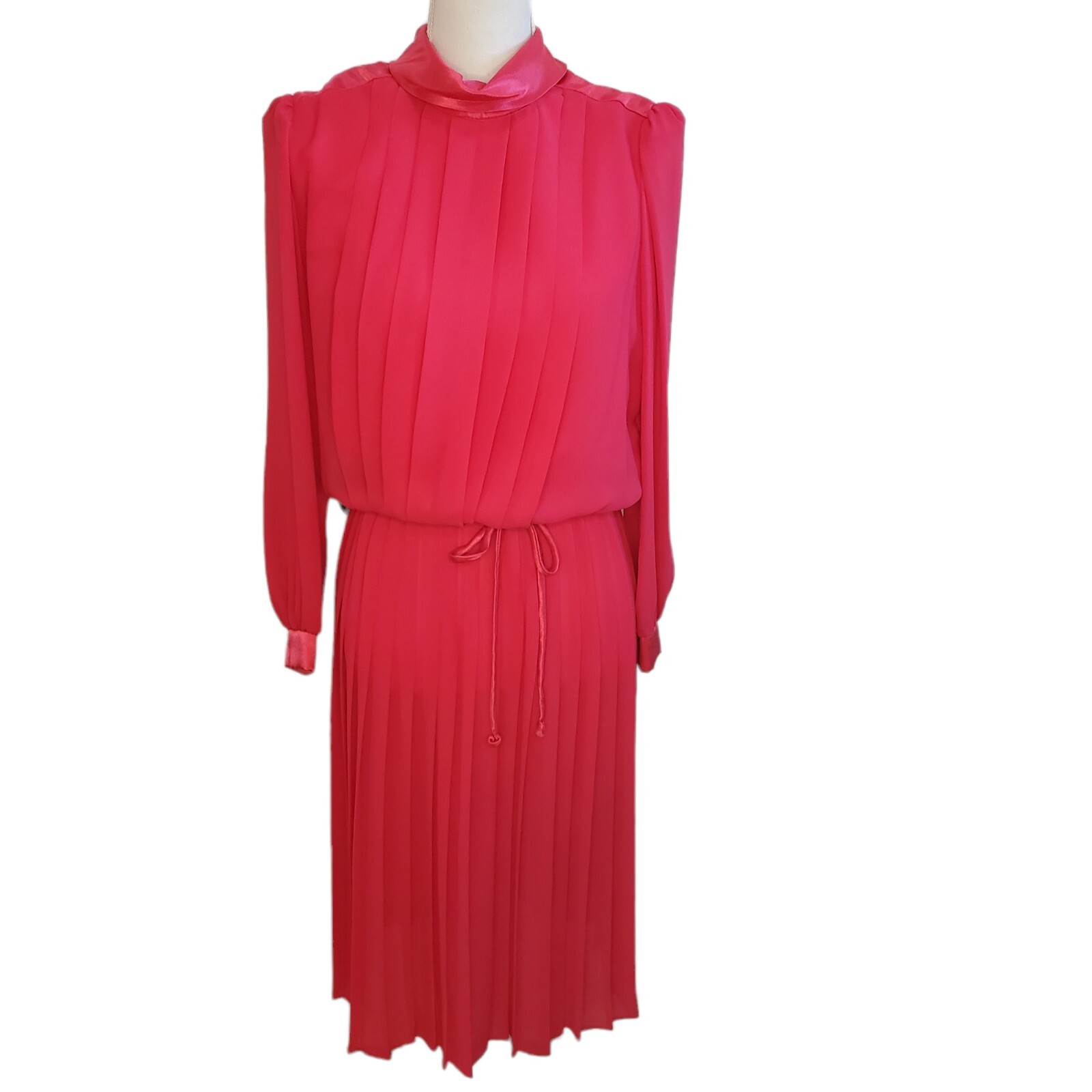 Vintage 80s Long Sleeve Blouson Midi Dress Accordion Pleat Satin Collar Small