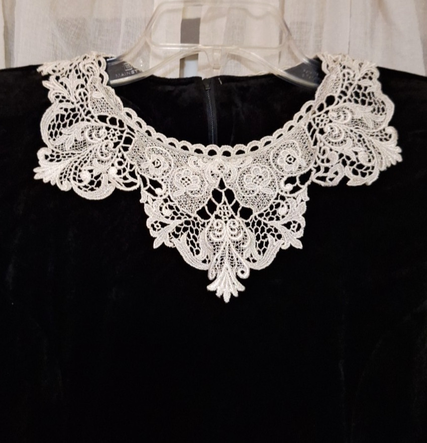 Impromptu Black Velvet Dress Long Sleeve Peplum Waist Lace Collar Victorian Sz 8