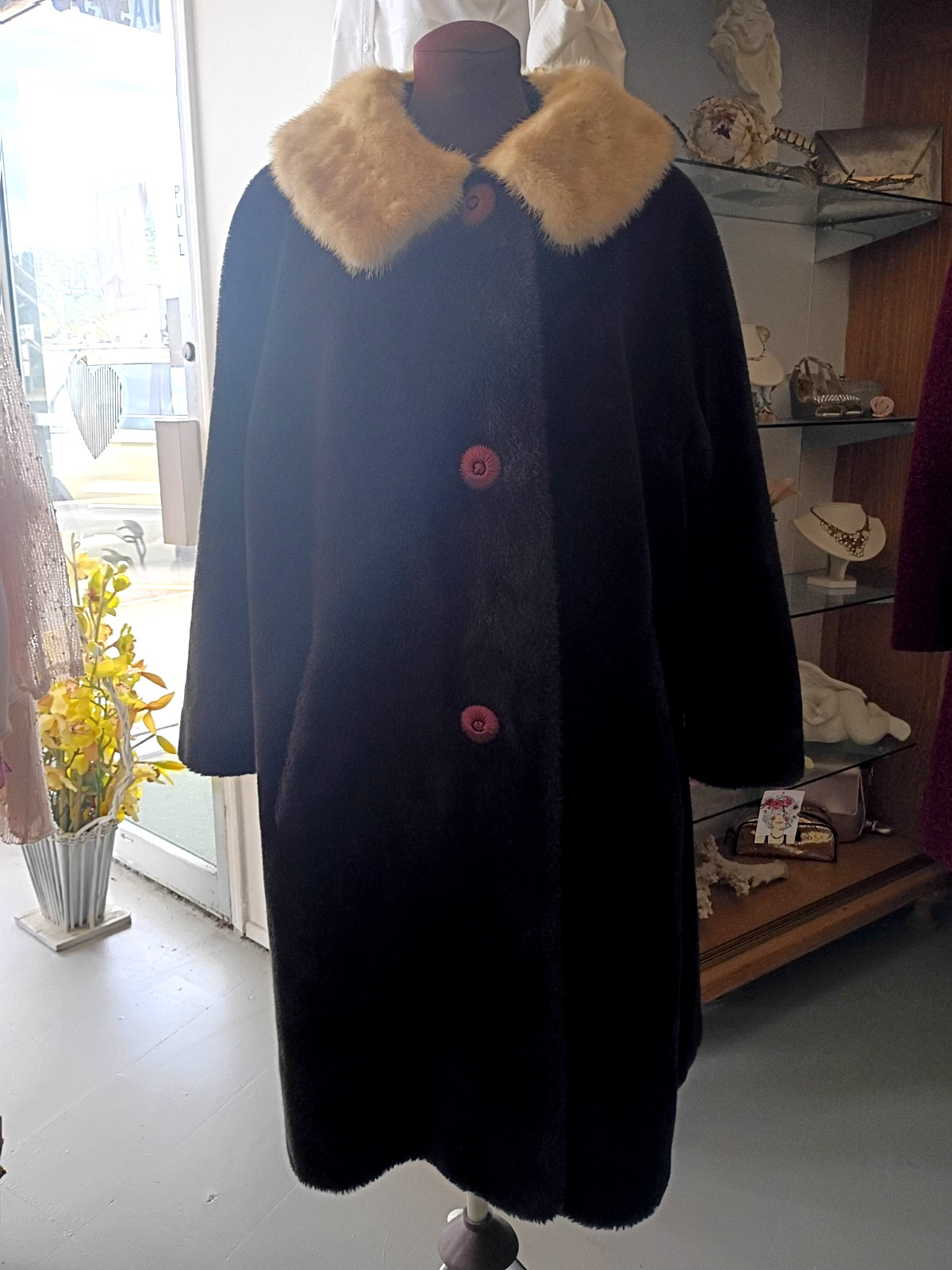 60s VINTAGE L/XL Borgana Borg Deluxe Dark Brown Faux Fur Coat Mink Collar Womens