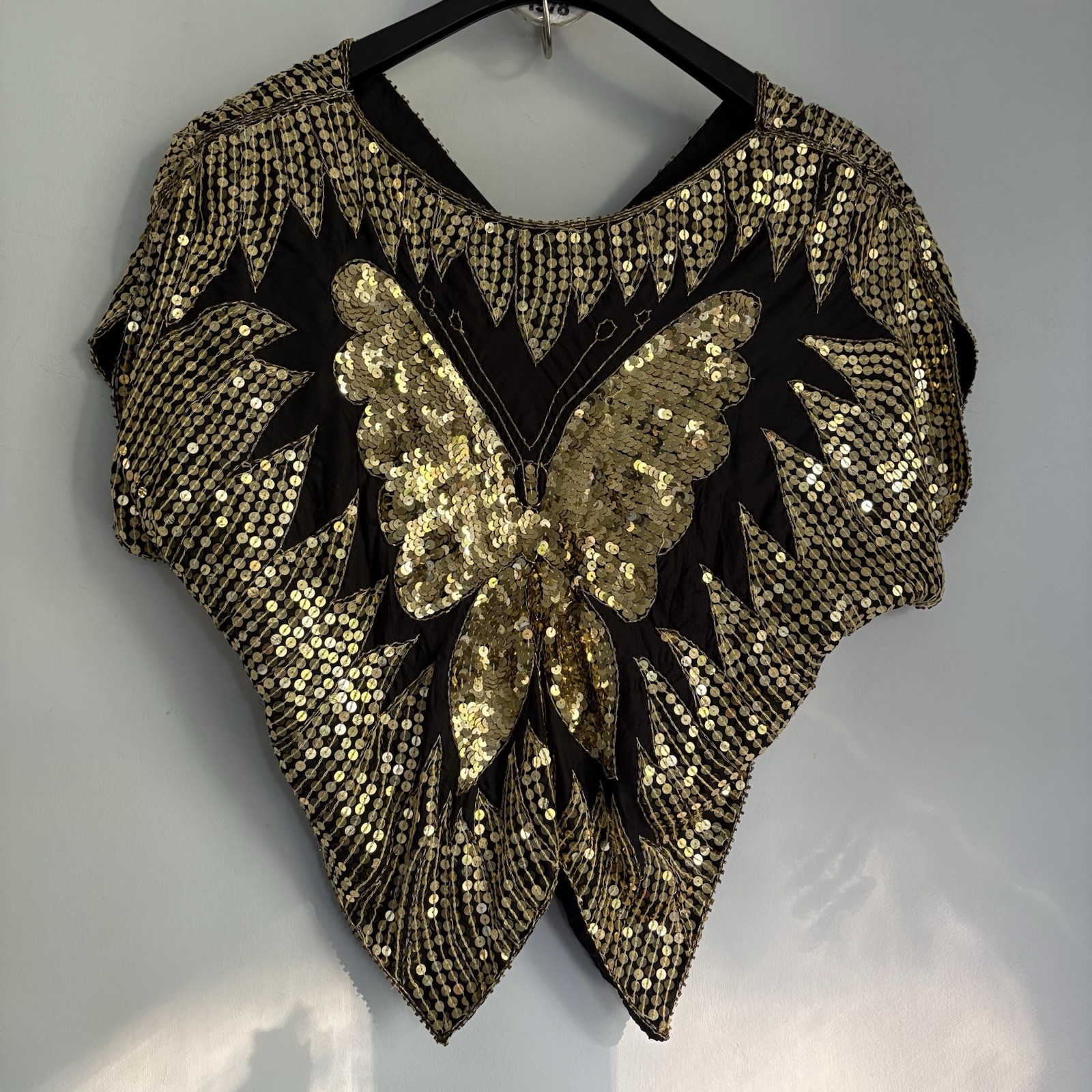 Vintage NIRAJ Silk Sequin Butterfly Blouse Top Black Gold Batwing Dolman Size M
