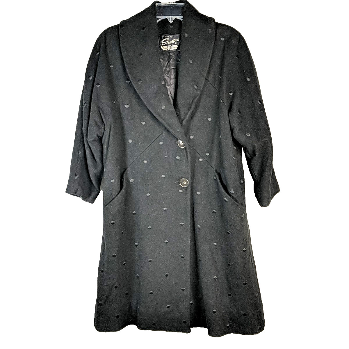 Stratton Carsen Pirie Scott Co Arabesque Polka Dot Black Wool Coat Vintage
