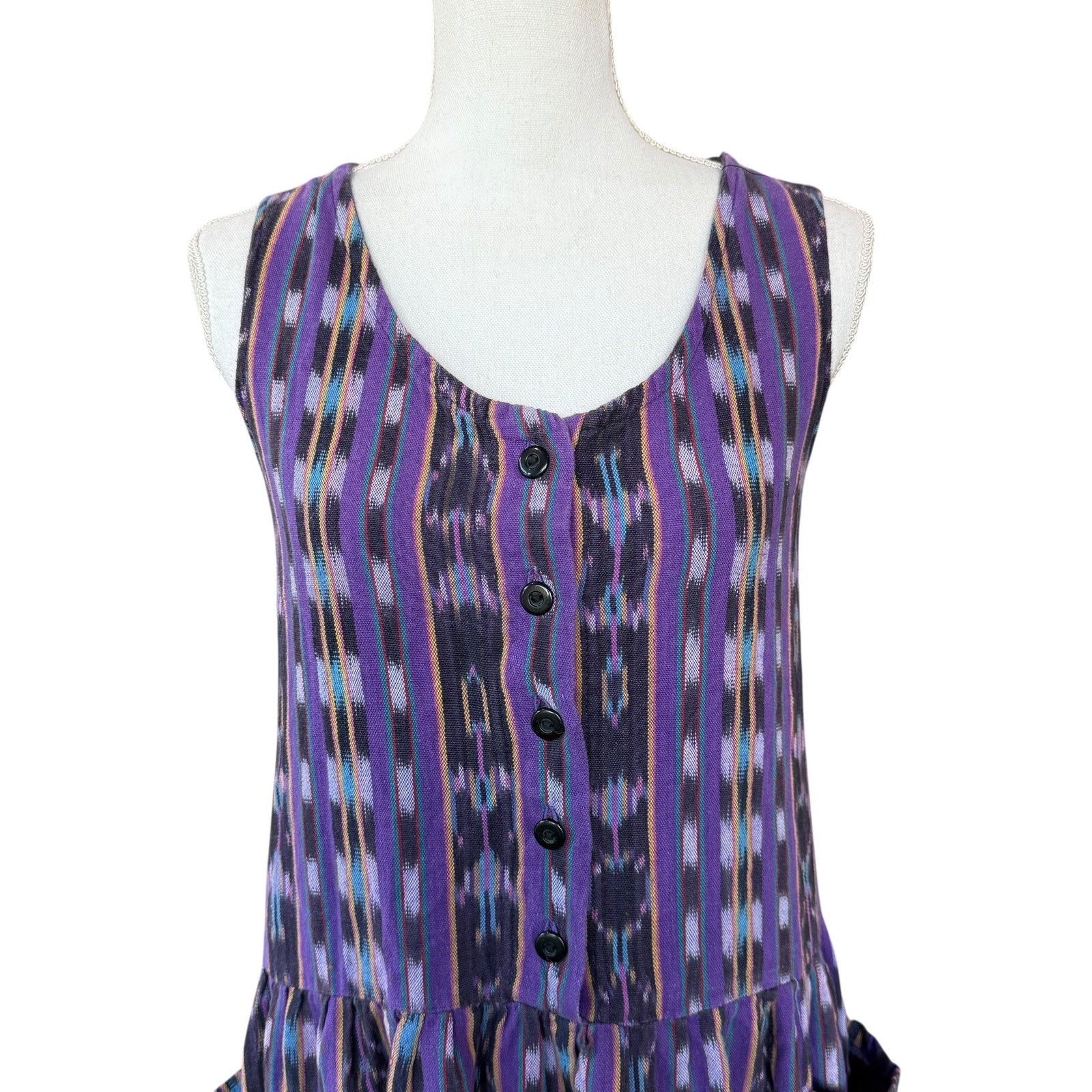 Love Tent Imports Vintage Purple Ikat Woven Cotton Dress Sleeveless Boho Small