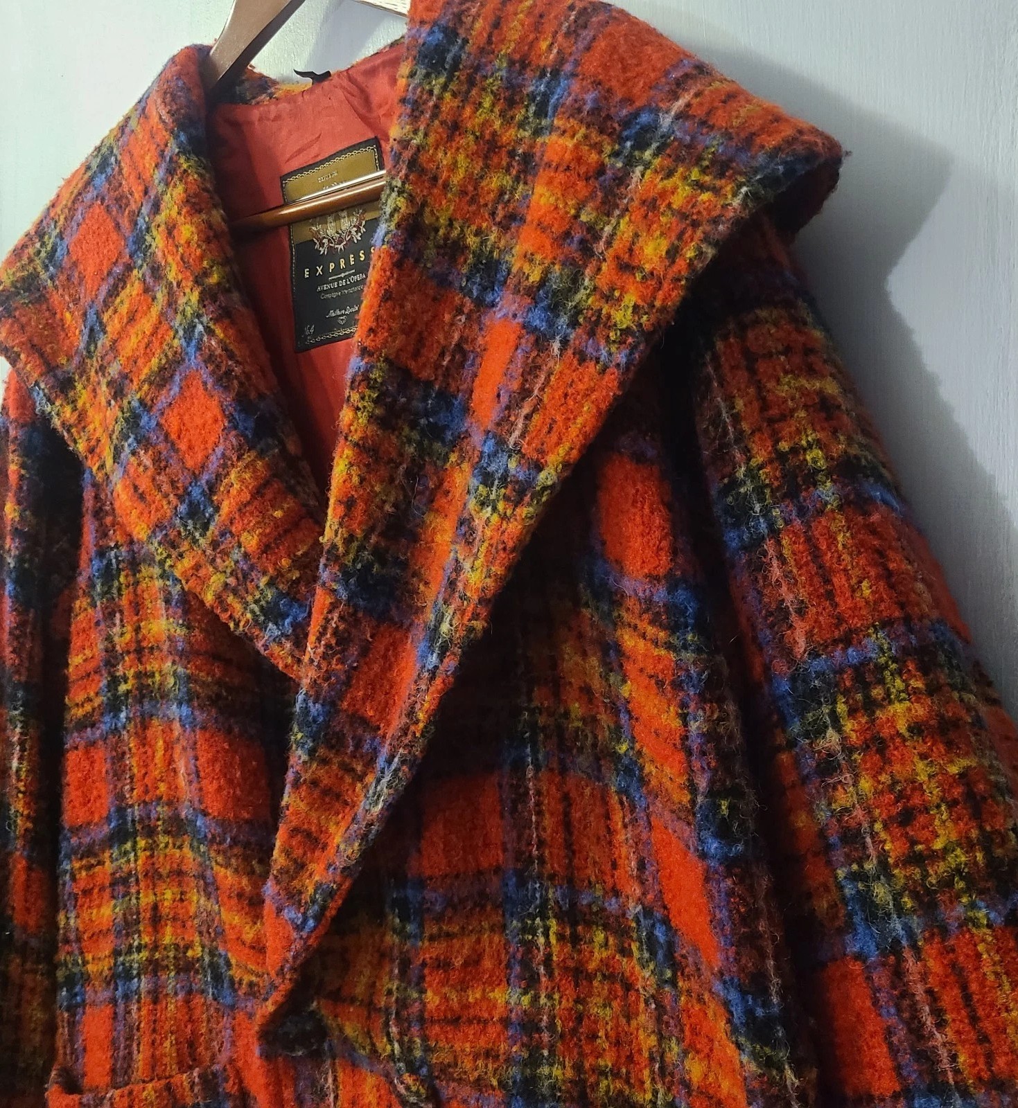 Vtg 90s Express Red Plaid Oversized Jacket Coat (M) Wool Shawl Collar Italy