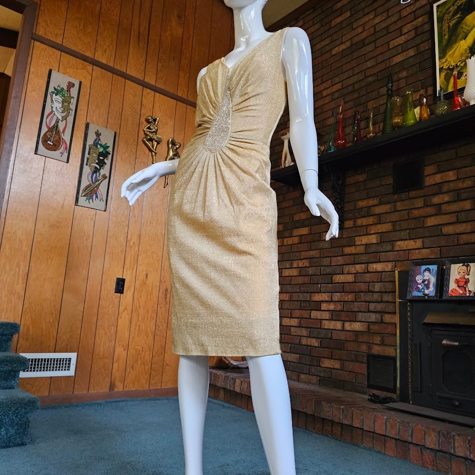 Vtg 50s 60s Lilli Diamond Gold Lurex Bombshell Wiggle Cocktail Party Dress S/M