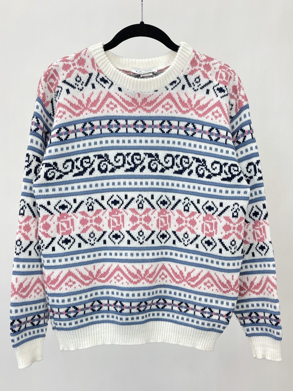 Vintage 80s 90s Rose Pink/Purple Multi Pattern Ski Sweater Size S/M