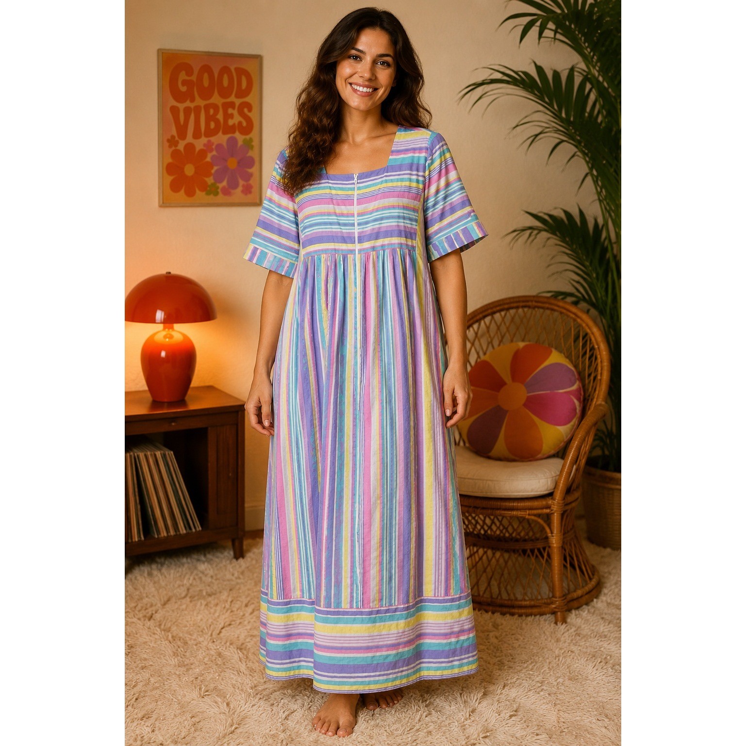 CW Classics Muu Muu Maxi Dress Vintage Boho Coastal Pastel Stripe Cotton Blend M