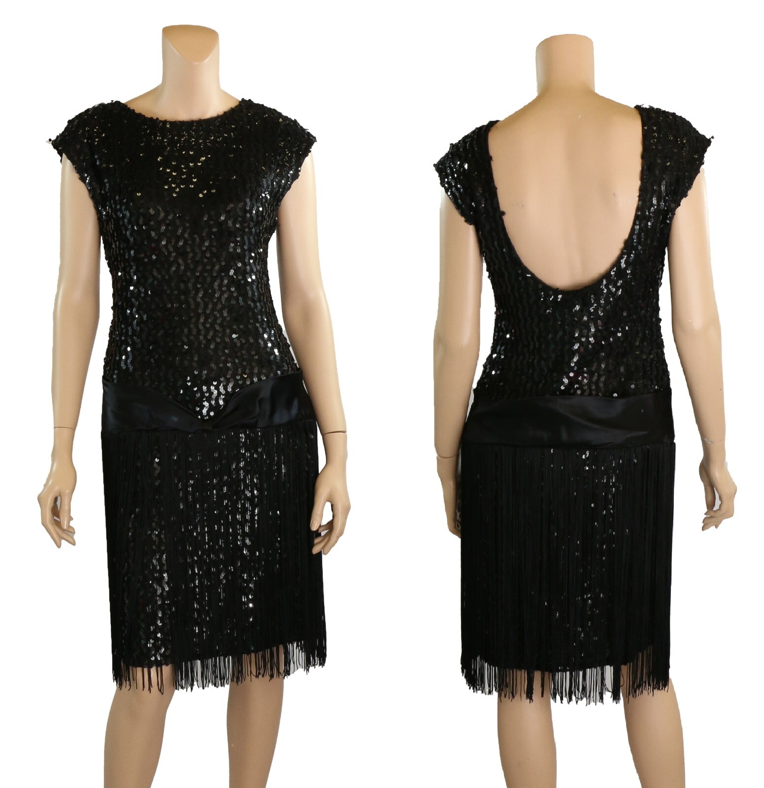 GlenRob Vintage 80s Black Sequin Fringe Sexy Prom Party Dress size 9-10