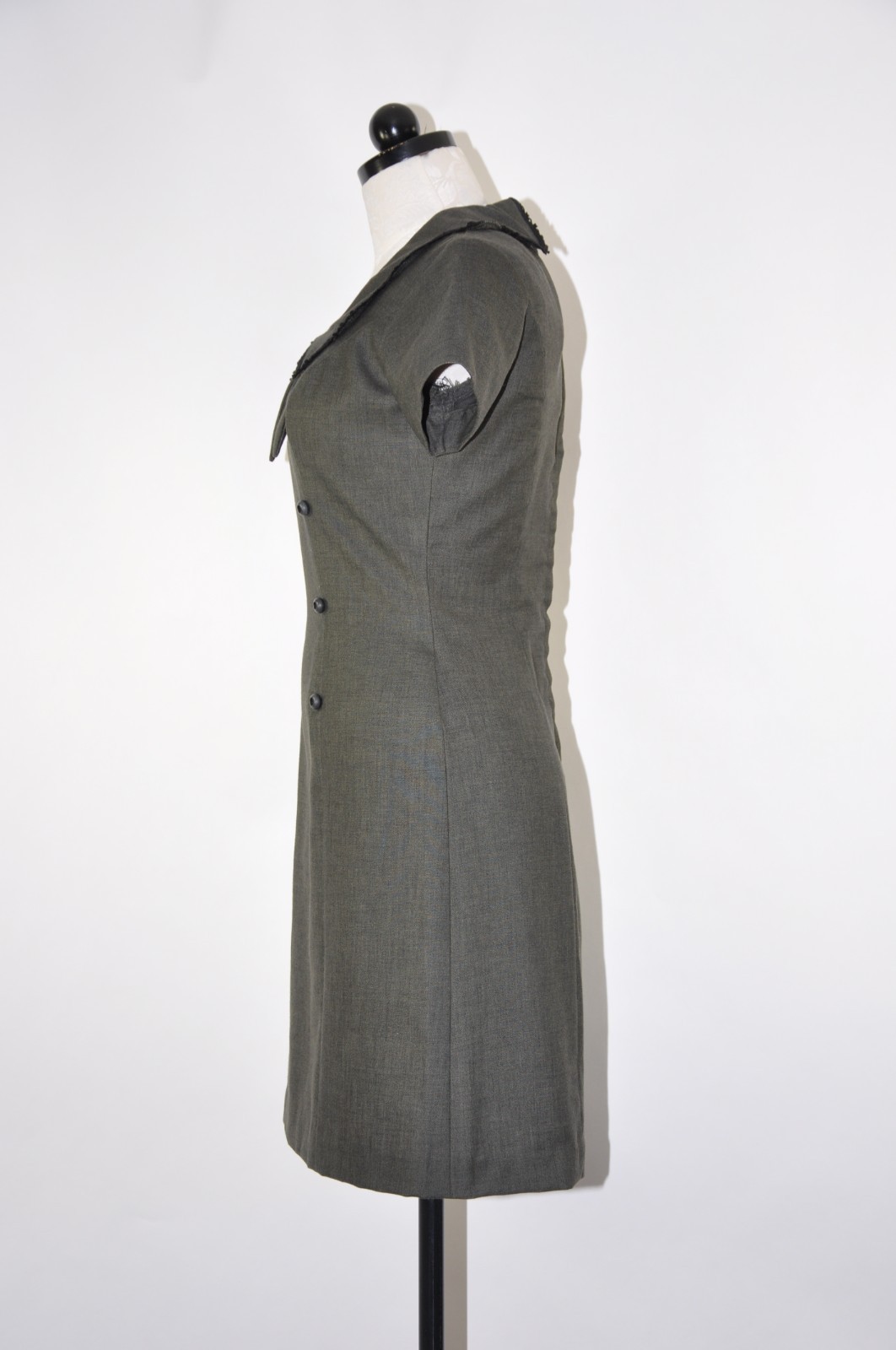 60s Vintage Dark Green Cotton Canvas Scallop Peter Pan Collar Mod Dress Women S