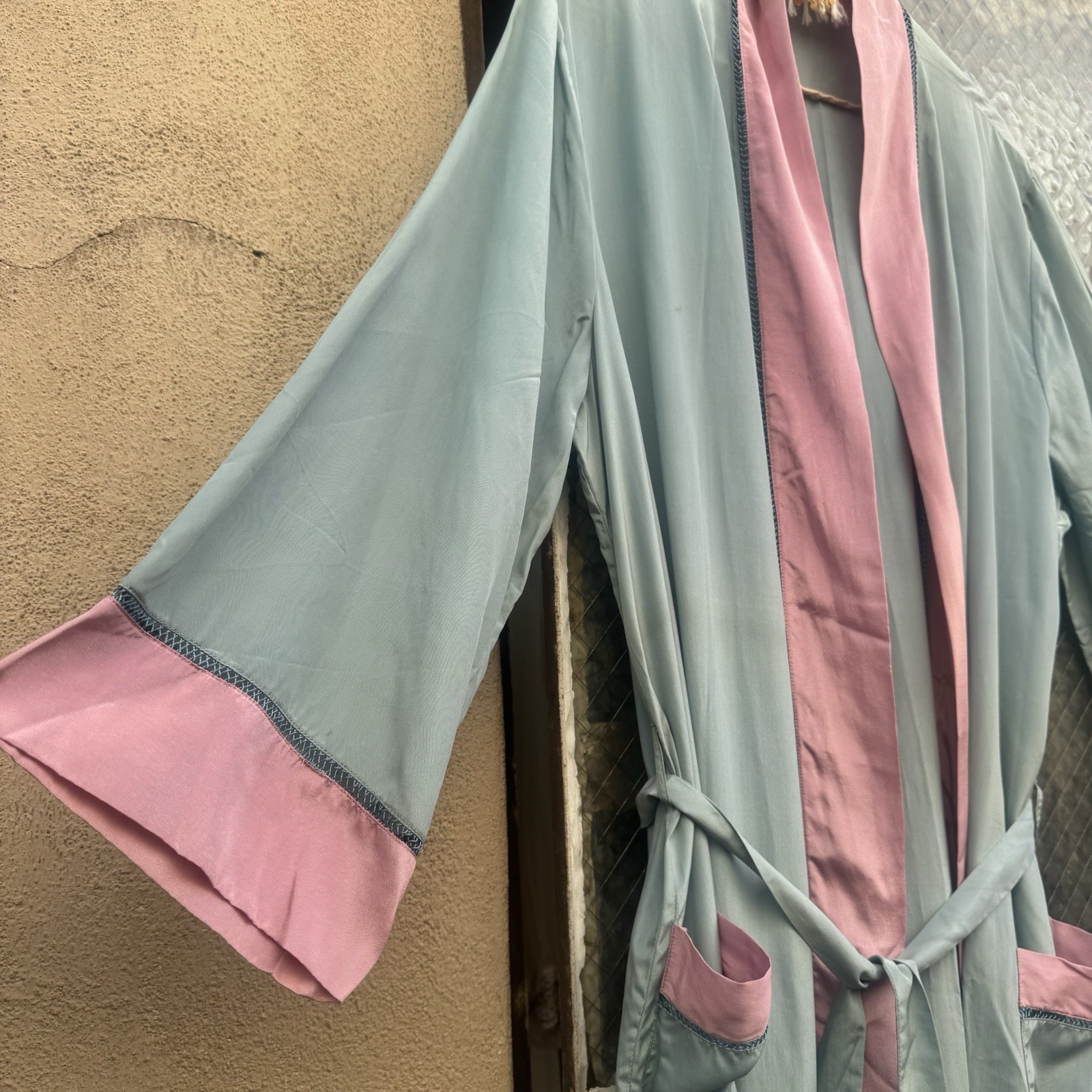Antique 1920s Cotton Candy Blue & Pink Silk Robe Dress Coat Lounge Vintage