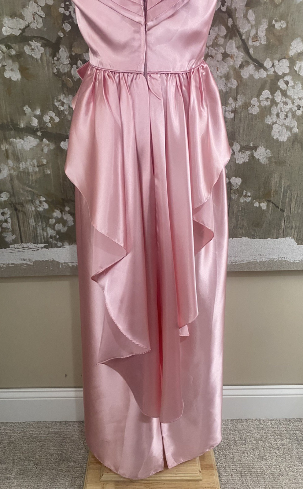 VTG 70’s Pink Satin Union Made Coquette Back Cascade Prom Bridesmaid Dress S