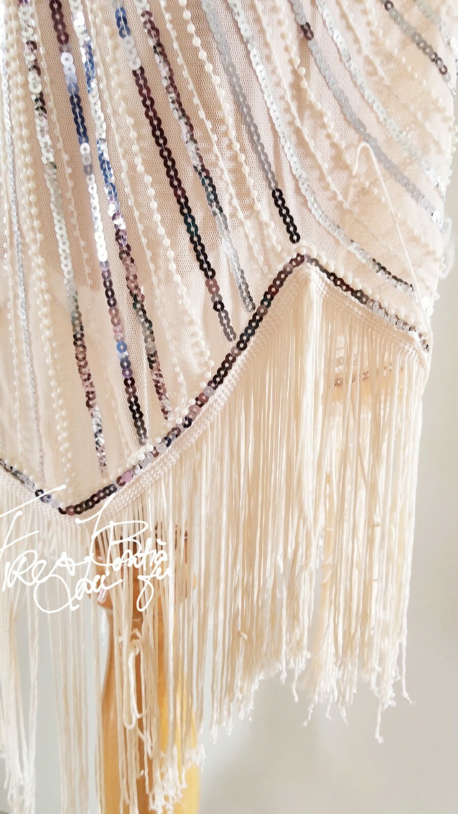 VINTAGE 60s 70s BEADED PEARL SEQUIN FRINGE FLAPPER DRESS SZ M 6 8